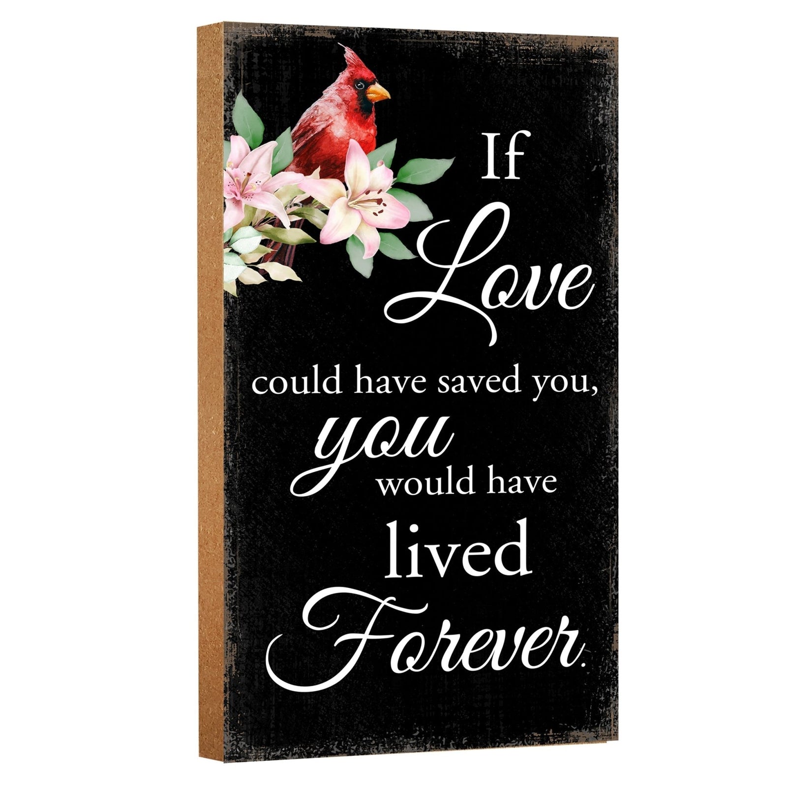 A wooden memorial wall plaque with a heartfelt design.