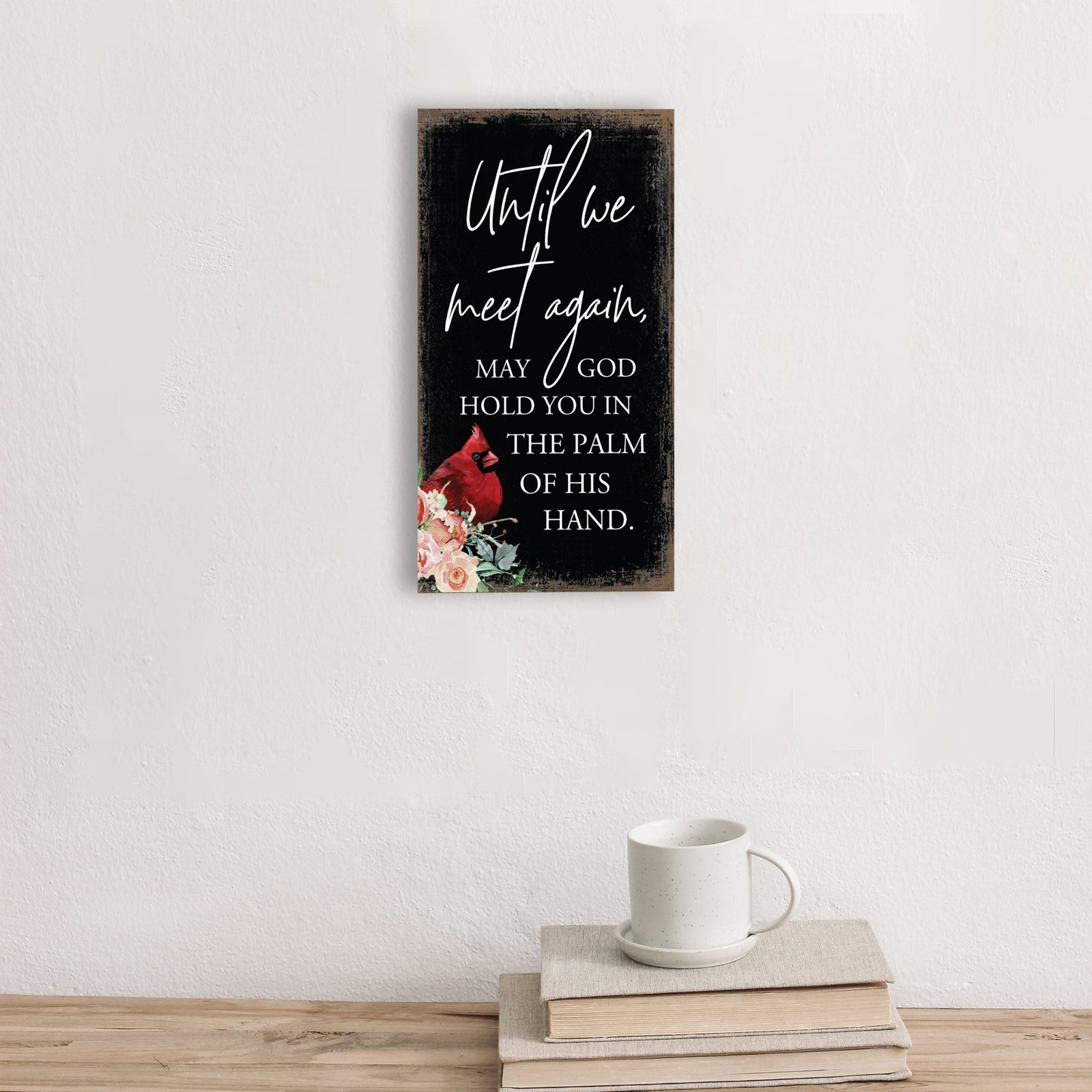 A wooden memorial wall plaque with a heartfelt design.