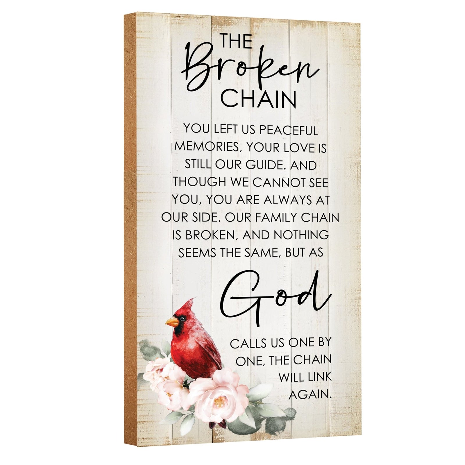 A wooden memorial wall plaque featuring a cardinal, a symbol of remembrance and love.