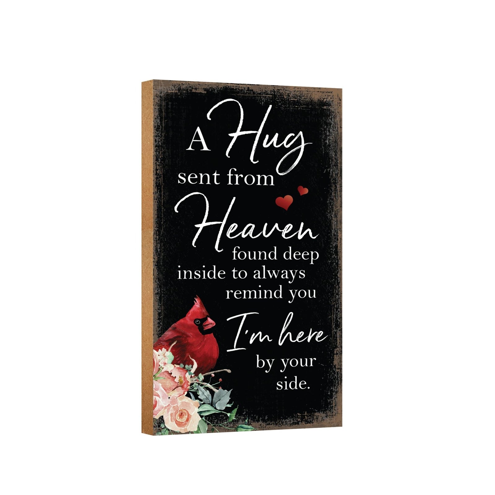 A wooden memorial wall plaque featuring a cardinal, a symbol of remembrance and love.