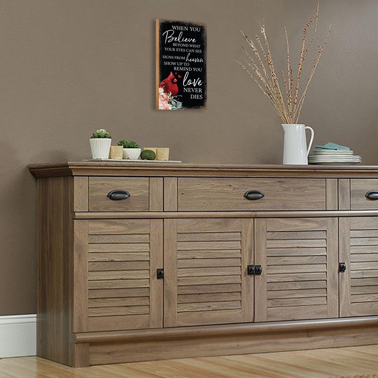 An elegant wooden memorial wall plaque adorned with a cardinal, designed to honor and cherish the memory of your loved one.