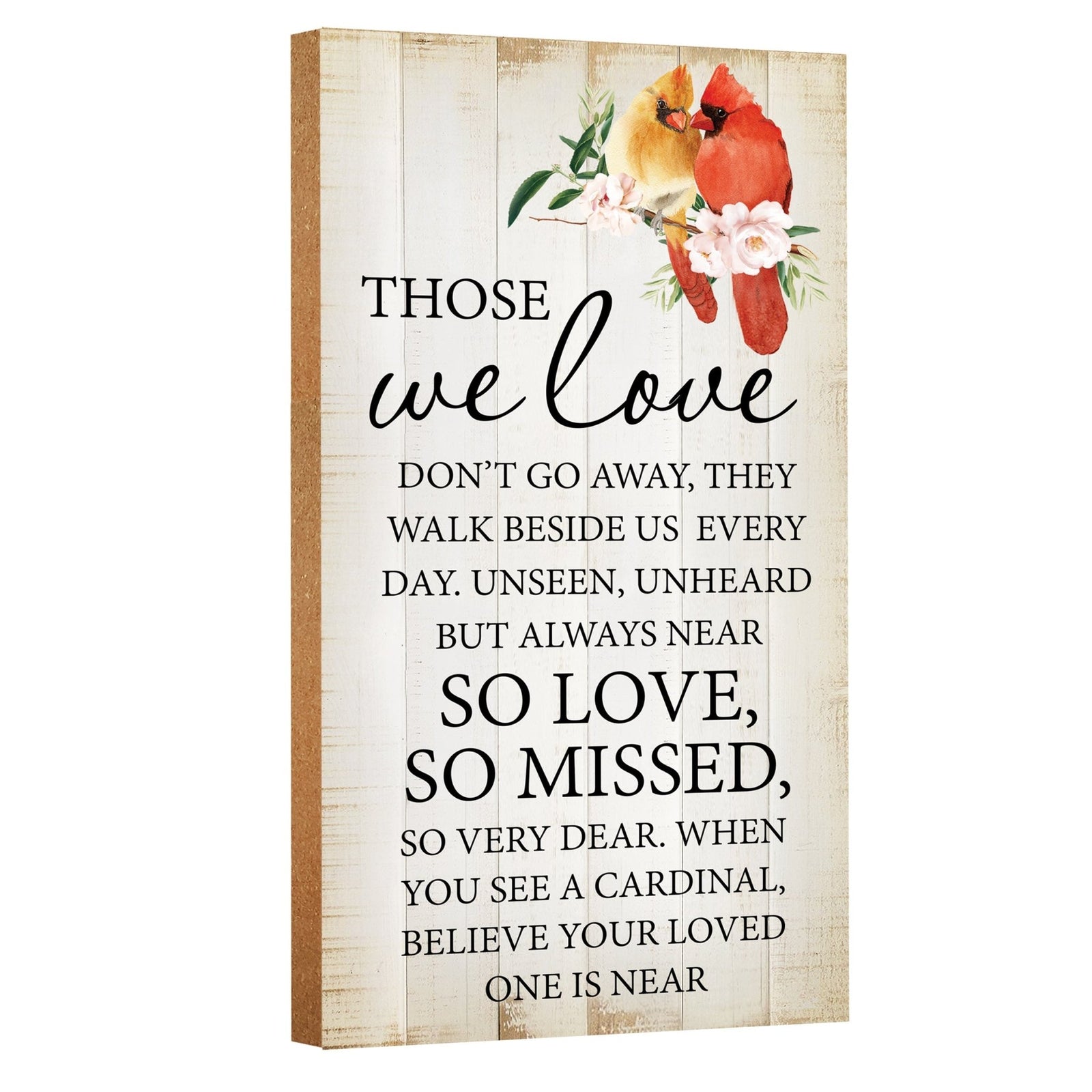A wooden memorial wall plaque featuring a cardinal, a symbol of remembrance and love.