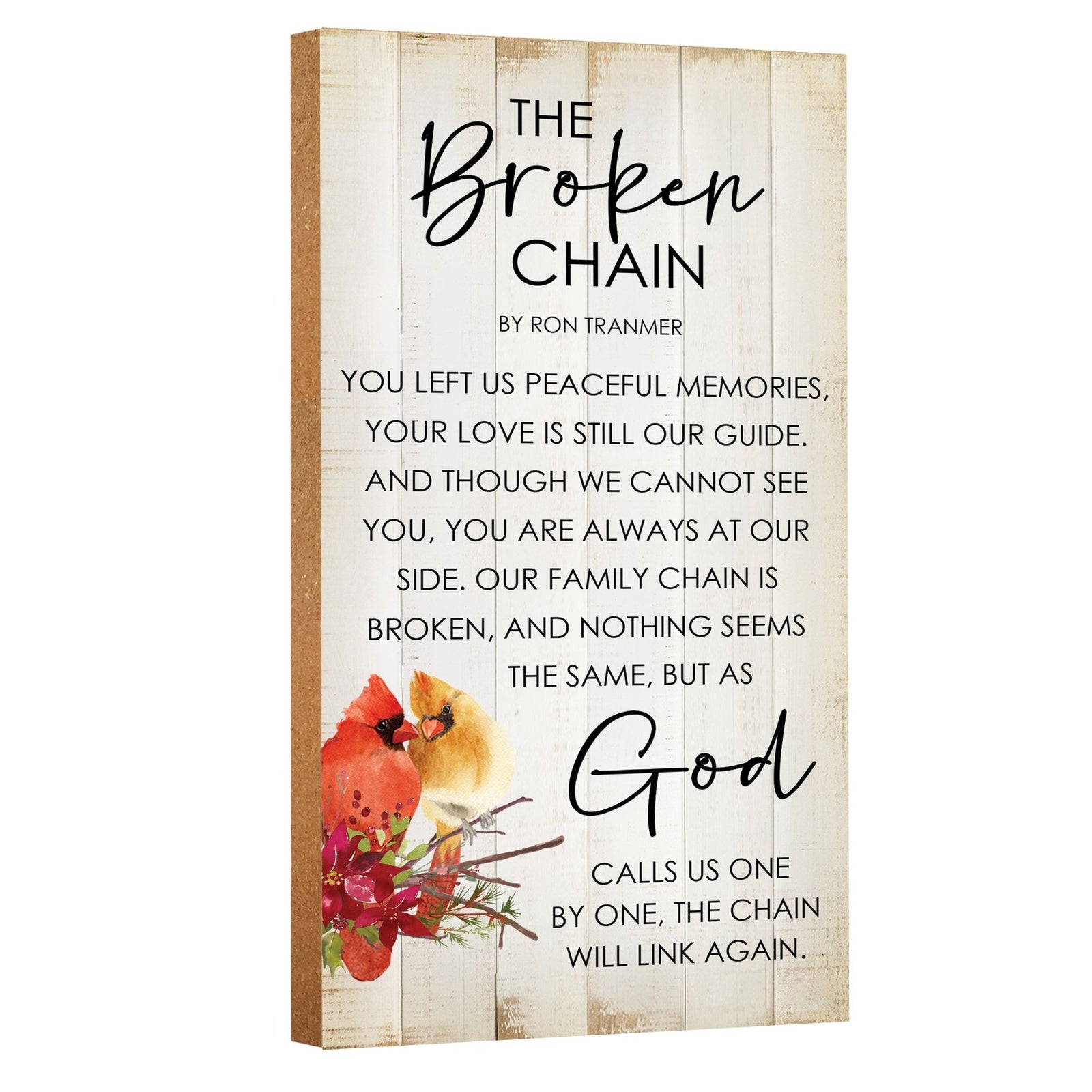 Broken Chain poem memorial wall art with red cardinal illustration on rustic wood background, Christian sympathy gift for loss of loved one.