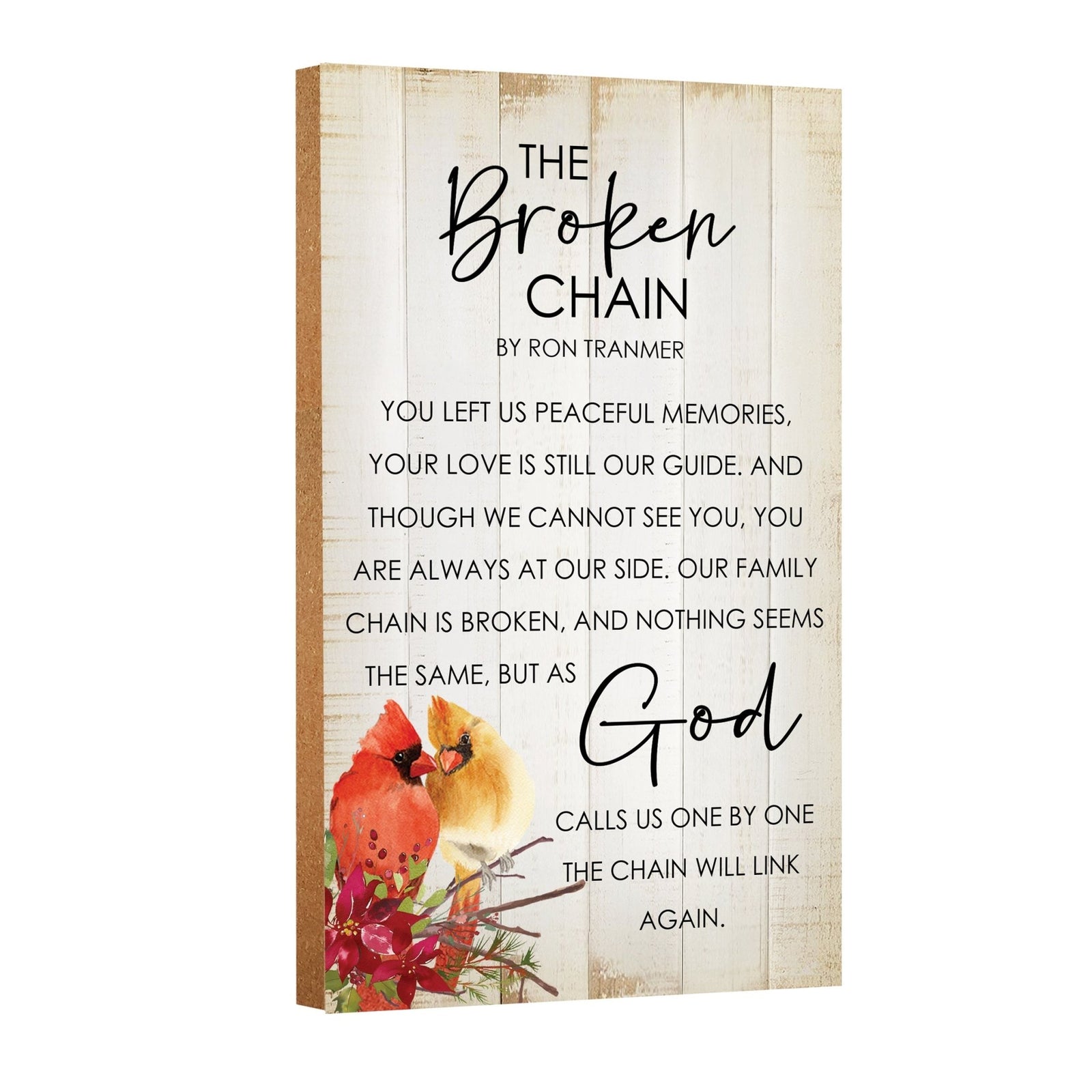 Christian sympathy plaque featuring The Broken Chain poem and watercolor cardinals, wooden memorial sign for loss of family member.