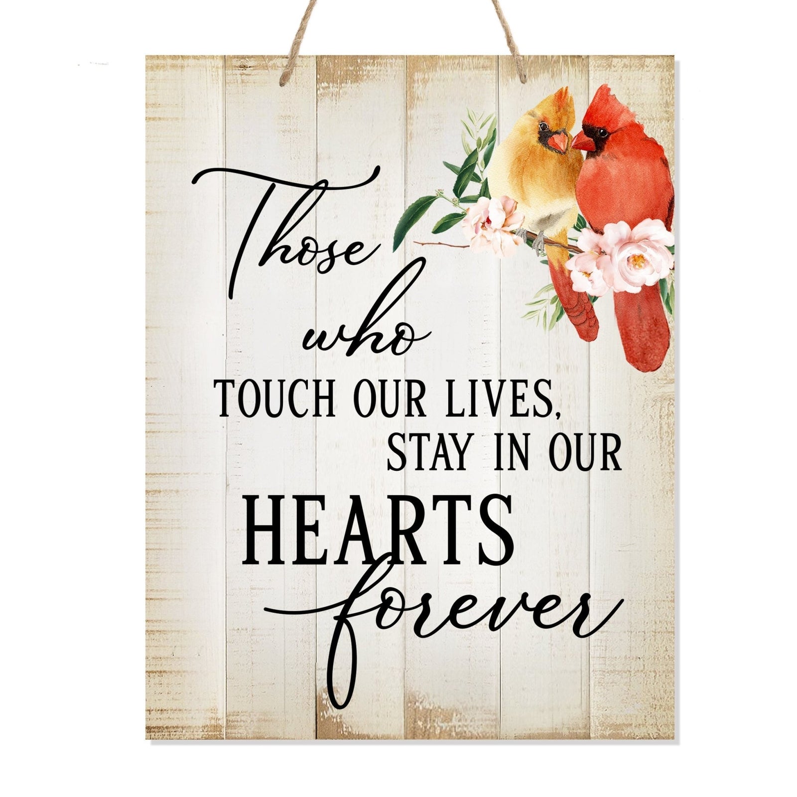 Thoughtful memorial gifts for the loss of a loved one – a wooden hanging sign adorned with a cardinal ribbon.