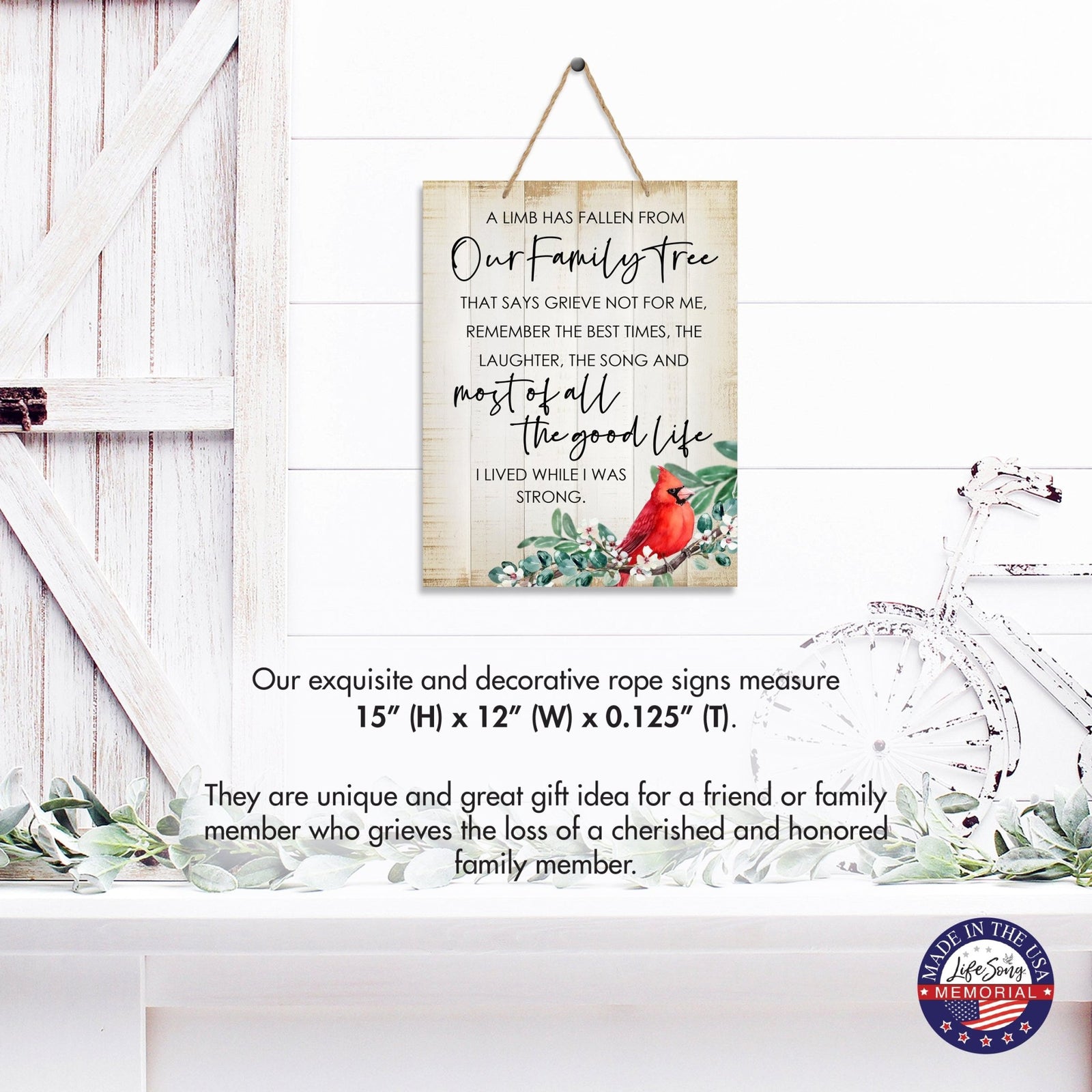 Cardinal Wooden Hanging Memorial Rope Wall Signs Sympathy Gifts - LifeSong Milestones