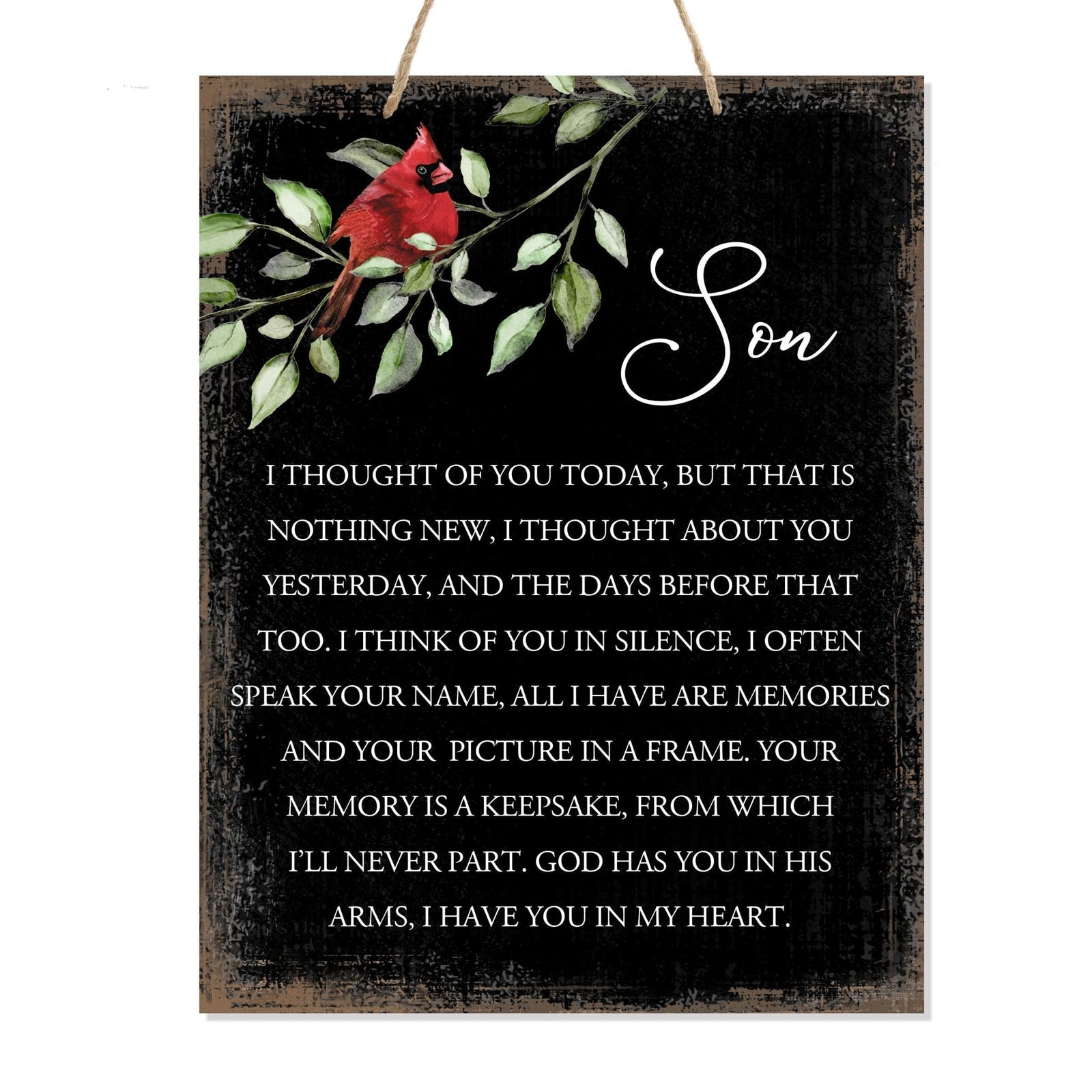 Thoughtful memorial gifts for the loss of a loved one – a wooden hanging sign adorned with a cardinal ribbon.