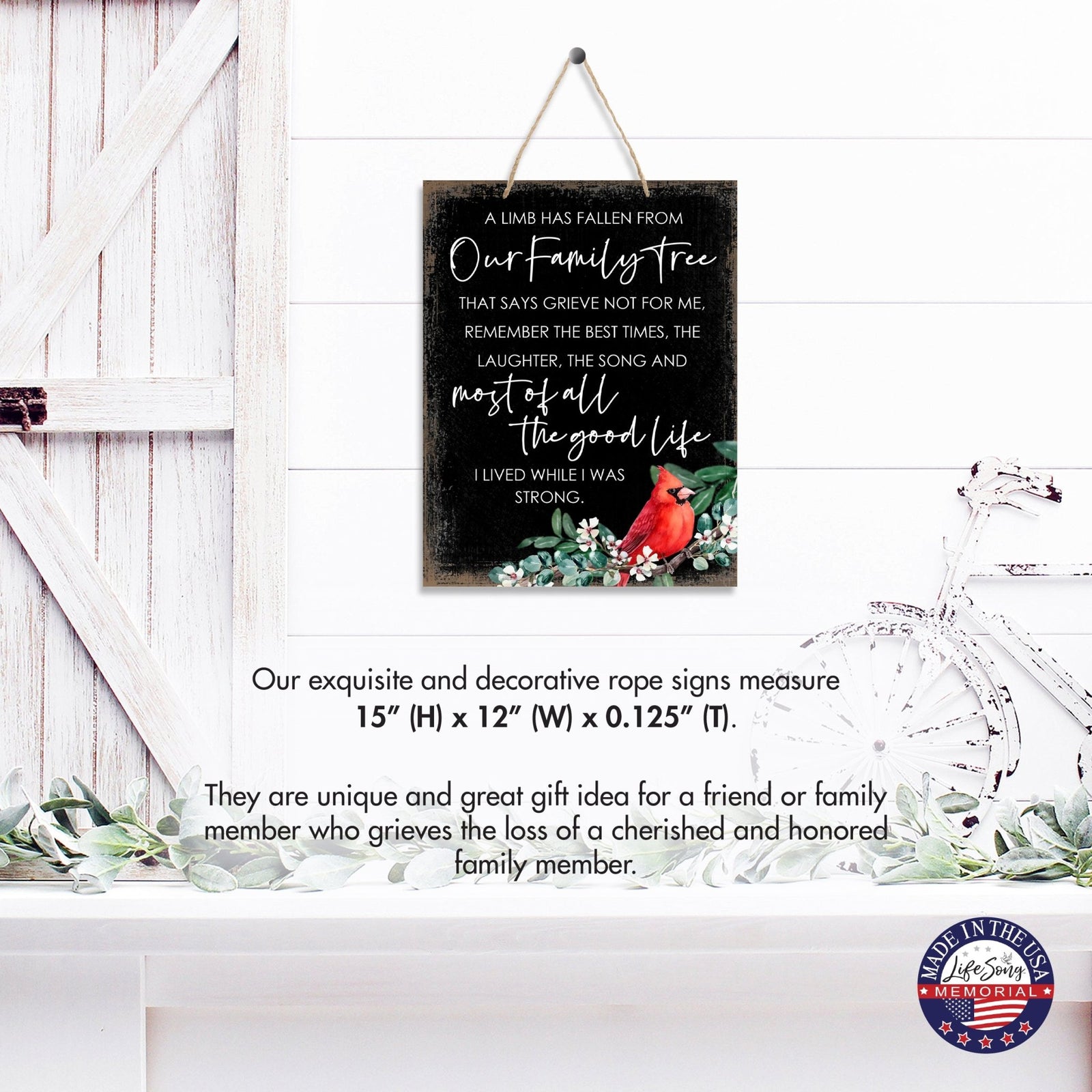Cardinal Wooden Hanging Memorial Rope Wall Signs Sympathy Gifts - LifeSong Milestones