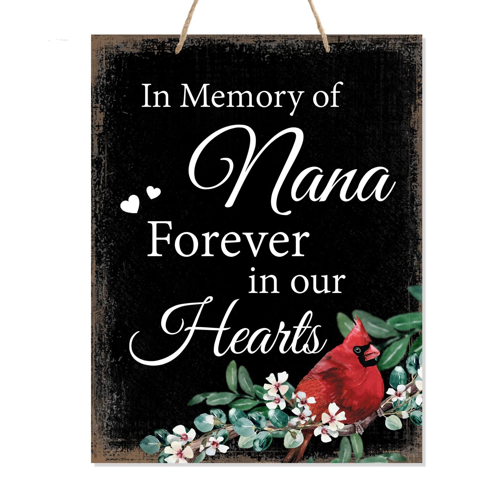 Thoughtful memorial gifts for the loss of a loved one – a wooden hanging sign adorned with a cardinal ribbon.