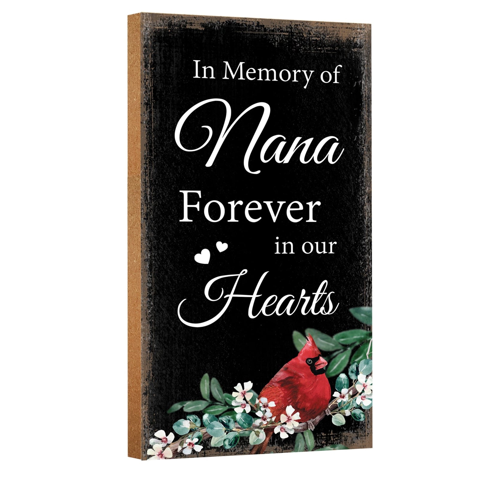A wooden memorial wall plaque featuring a cardinal, a symbol of remembrance and love.