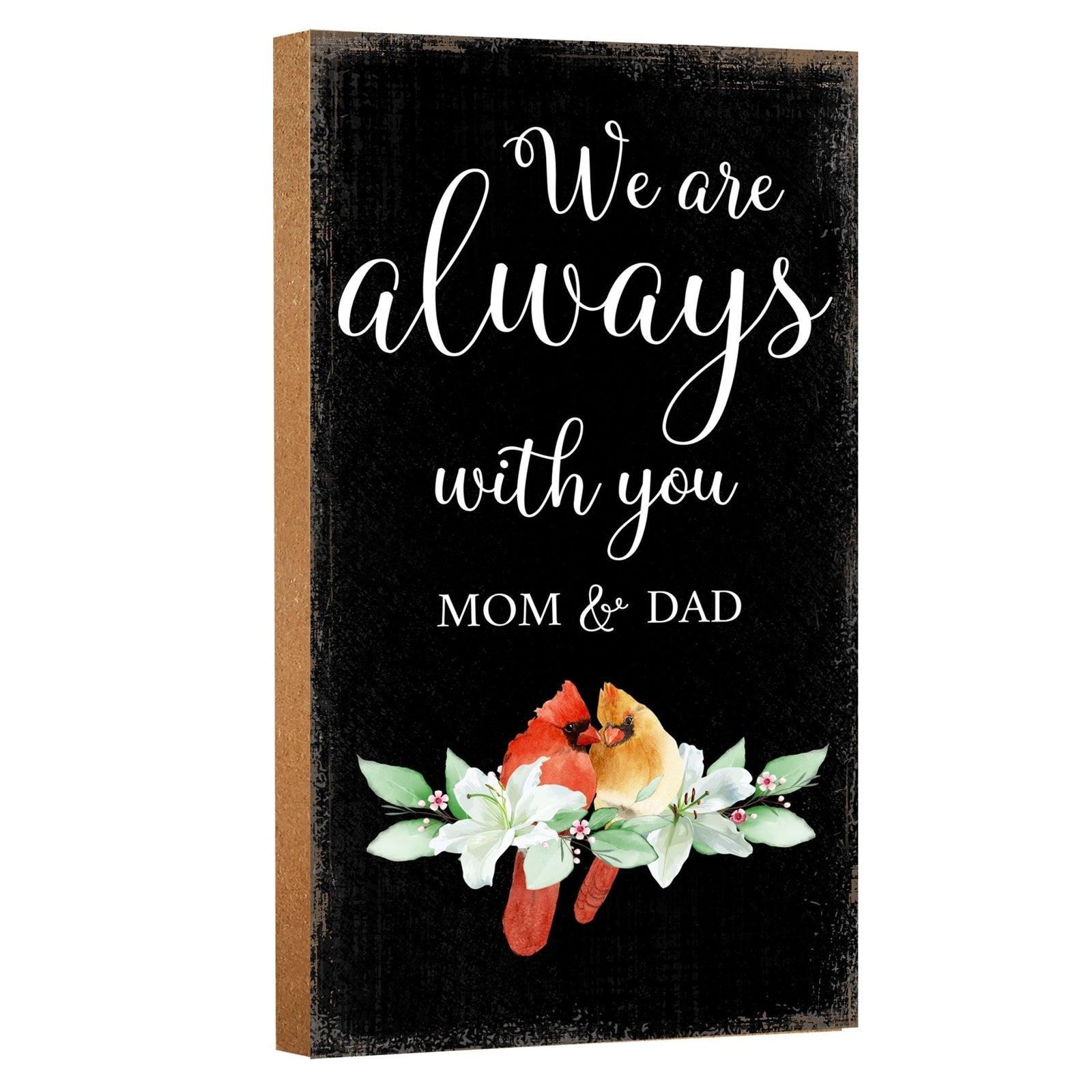 A wooden memorial wall plaque featuring a cardinal, a symbol of remembrance and love.