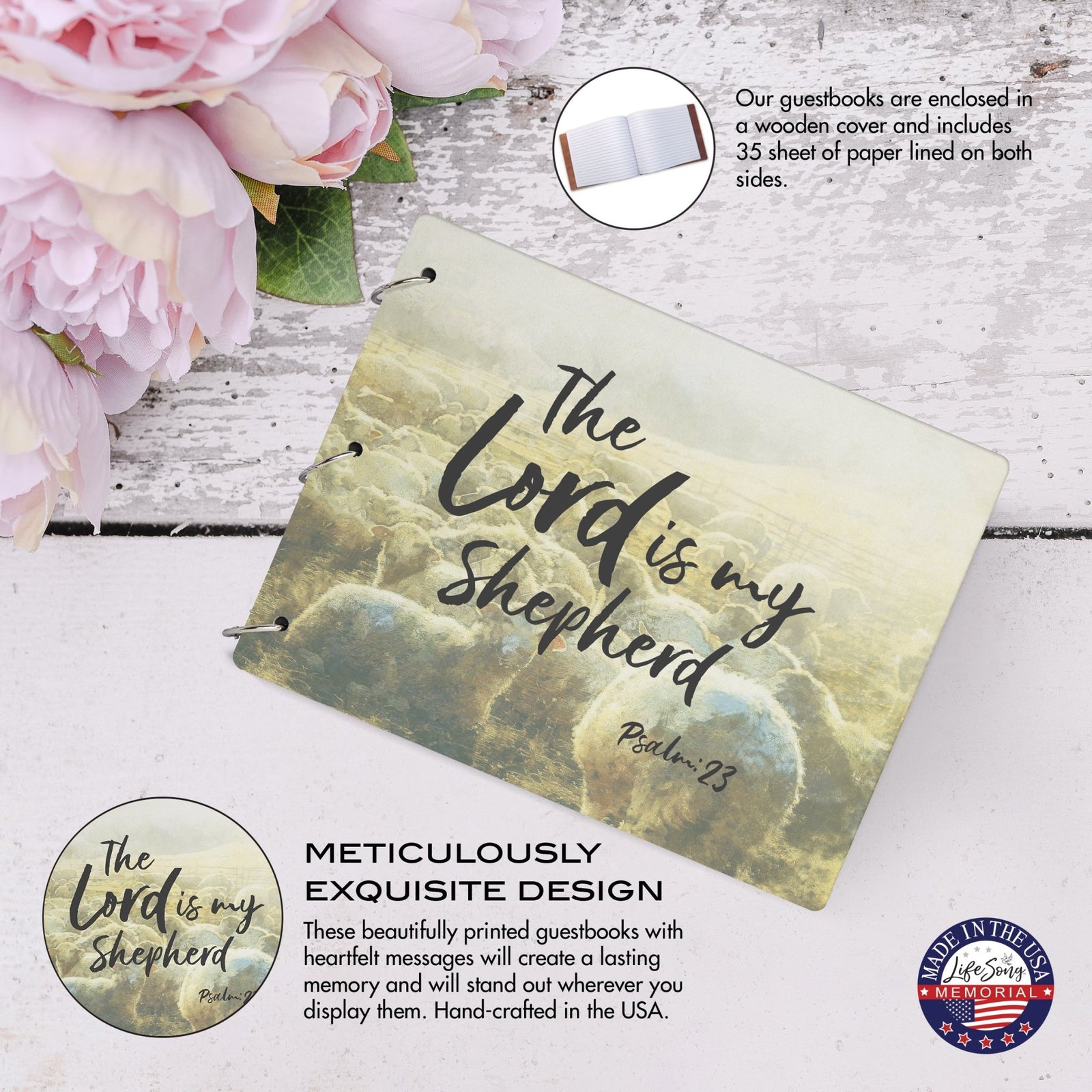 Celebration Of Life Funeral Guest Books For Memorial Services Registry With Wooden Cover - The Lord Is My Shepherd - LifeSong Milestones