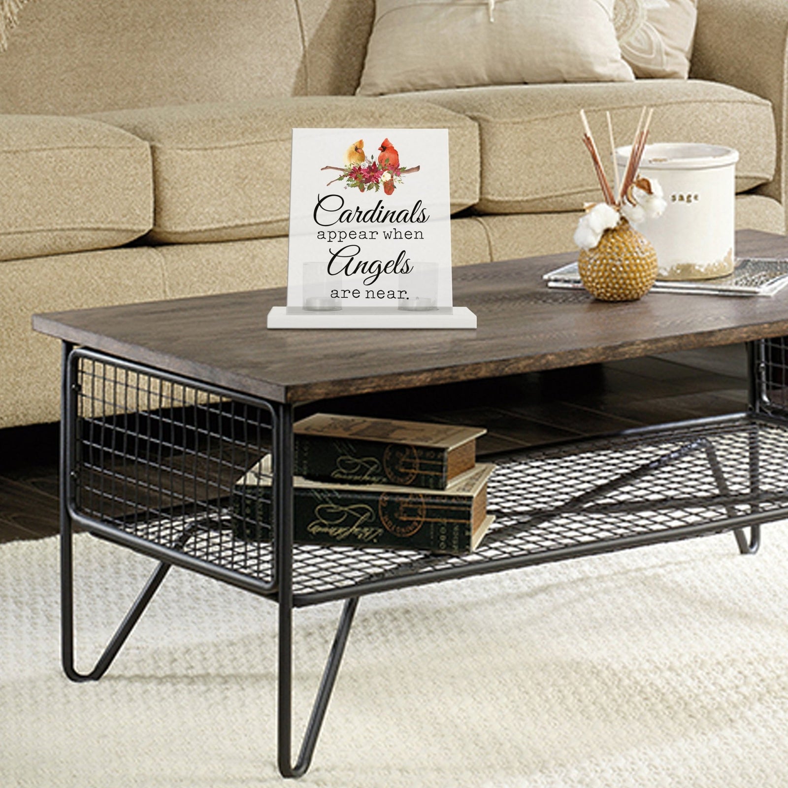 A beautifully crafted candle holder for votive candles, designed as a memorial gift. The Lifesong Milestones Cardinal Memorial Frosted Acrylic Sign with Base stands at the center, radiating comfort and remembrance.