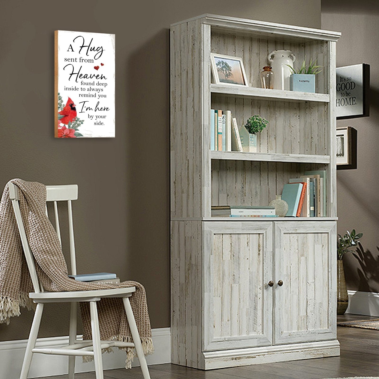 A wooden memorial wall plaque with a heartfelt design.