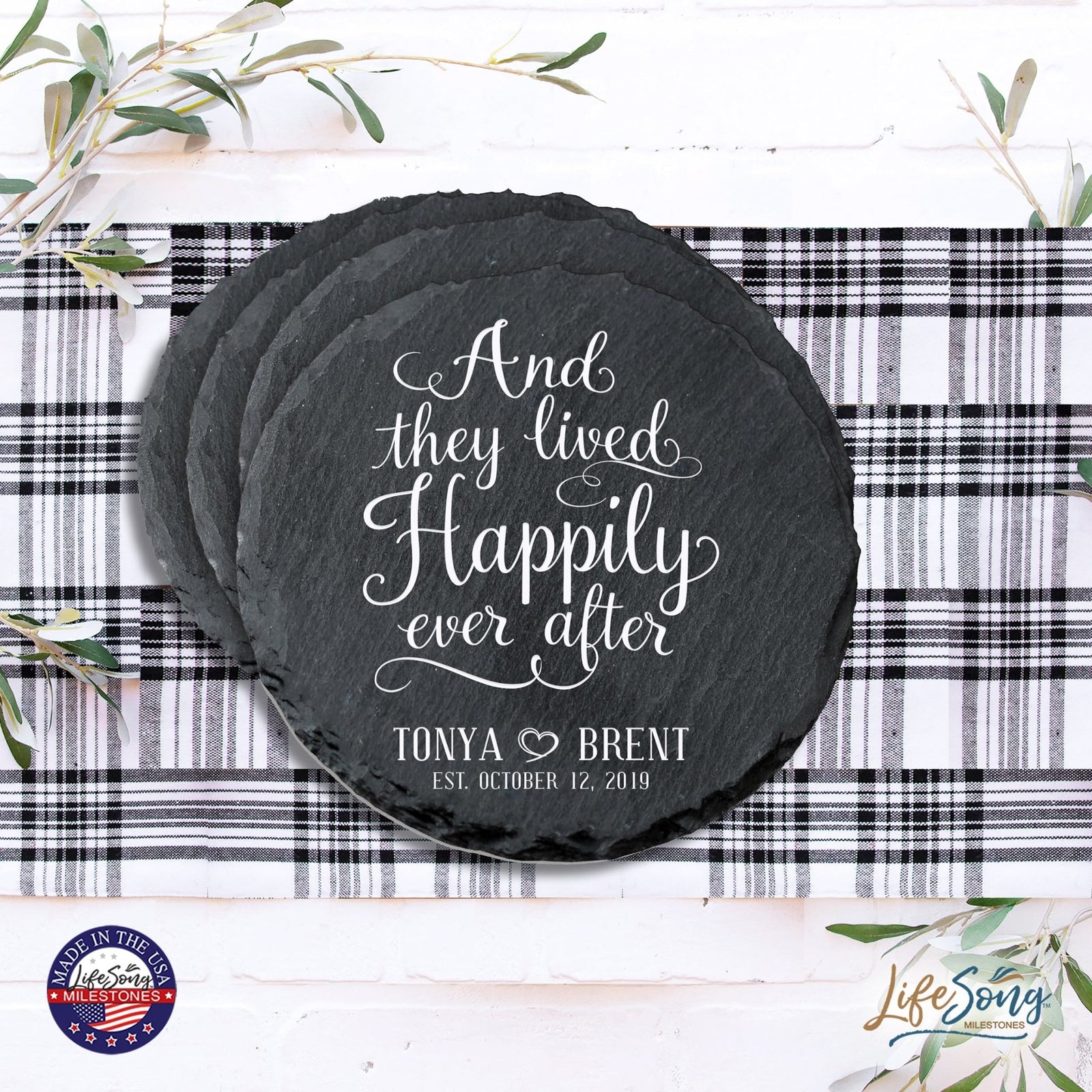 Custom 6pc Coaster Set Kitchen and Tabletop Decorations 4x4 Gift for Couple, Newly Weds, Parents and Grandparents - LifeSong Milestones