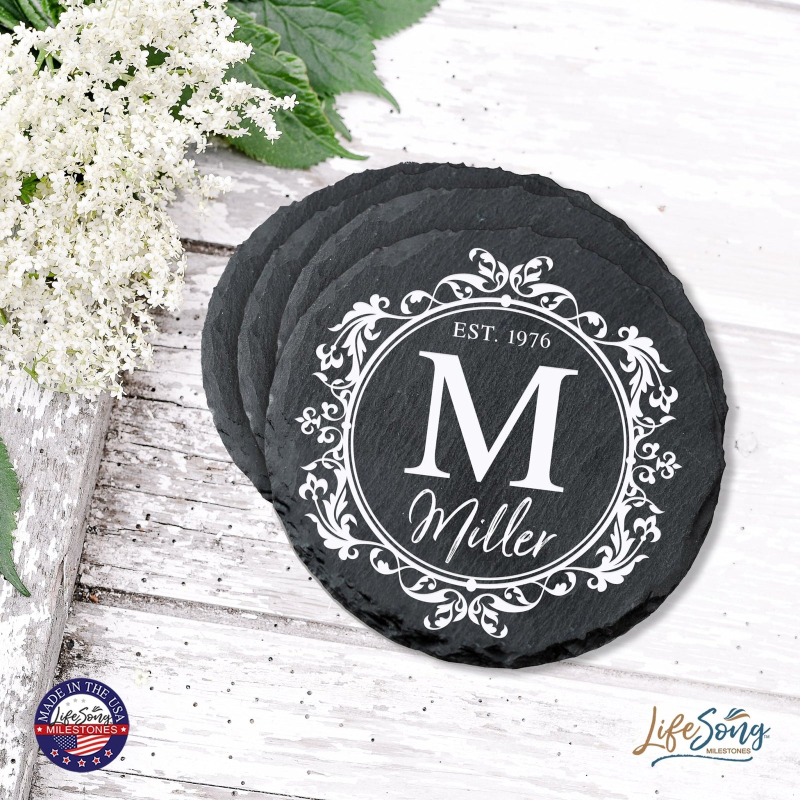Custom 6pc Coaster Set Kitchen and Tabletop Decorations 4x4 Gift for Last Name, Year - LifeSong Milestones