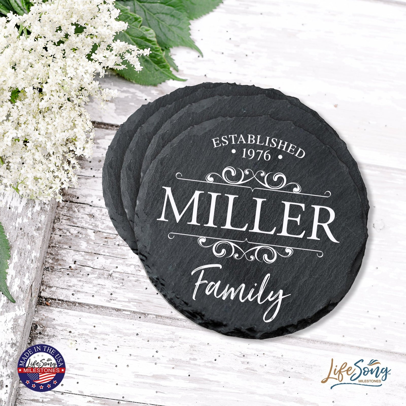 Custom 6pc Coaster Set Kitchen and Tabletop Decorations 4x4 Gift for Last Name, Year - LifeSong Milestones