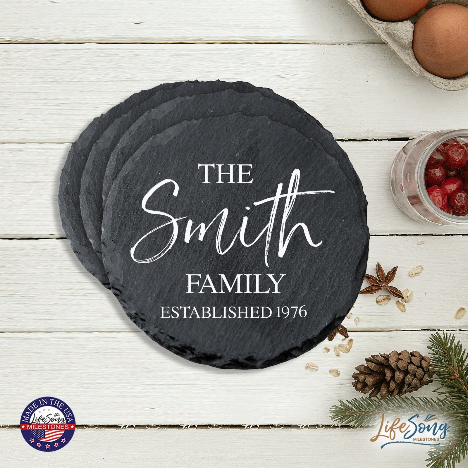 Custom 6pc Coaster Set Kitchen and Tabletop Decorations 4x4 Gift for Last Name, Year - LifeSong Milestones