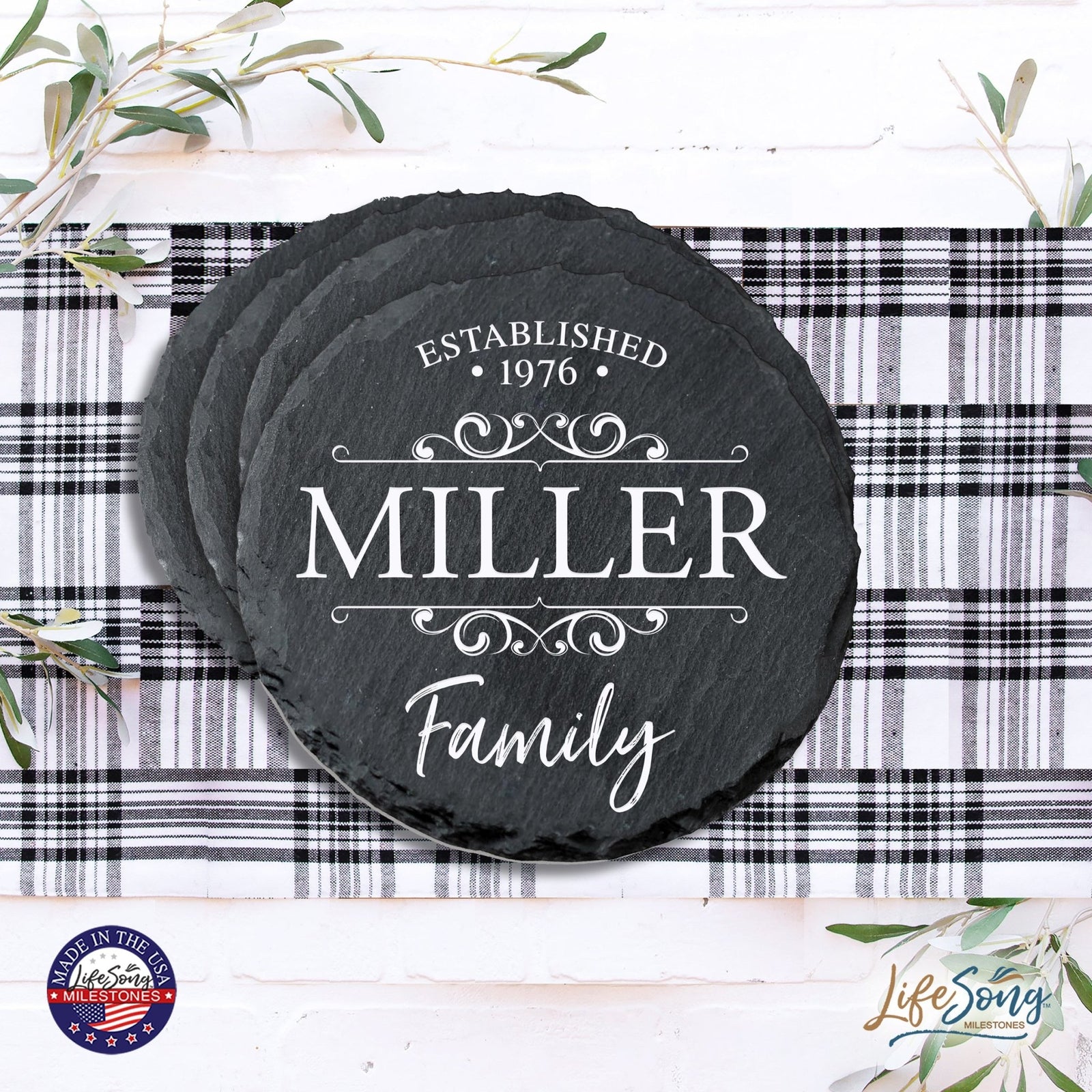 Custom 6pc Coaster Set Kitchen and Tabletop Decorations 4x4 Gift for Last Name, Year - LifeSong Milestones