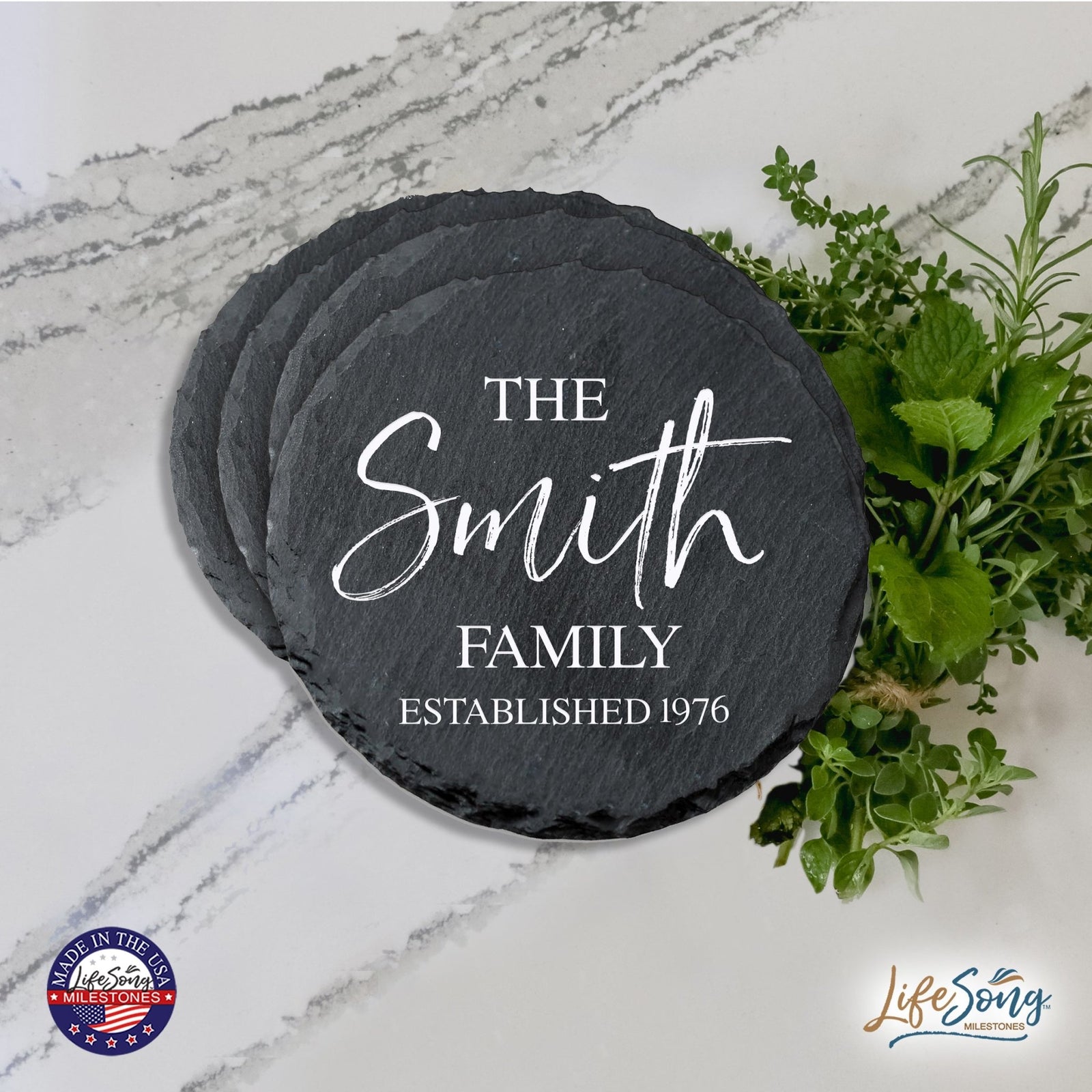 Custom 6pc Coaster Set Kitchen and Tabletop Decorations 4x4 Gift for Last Name, Year - LifeSong Milestones