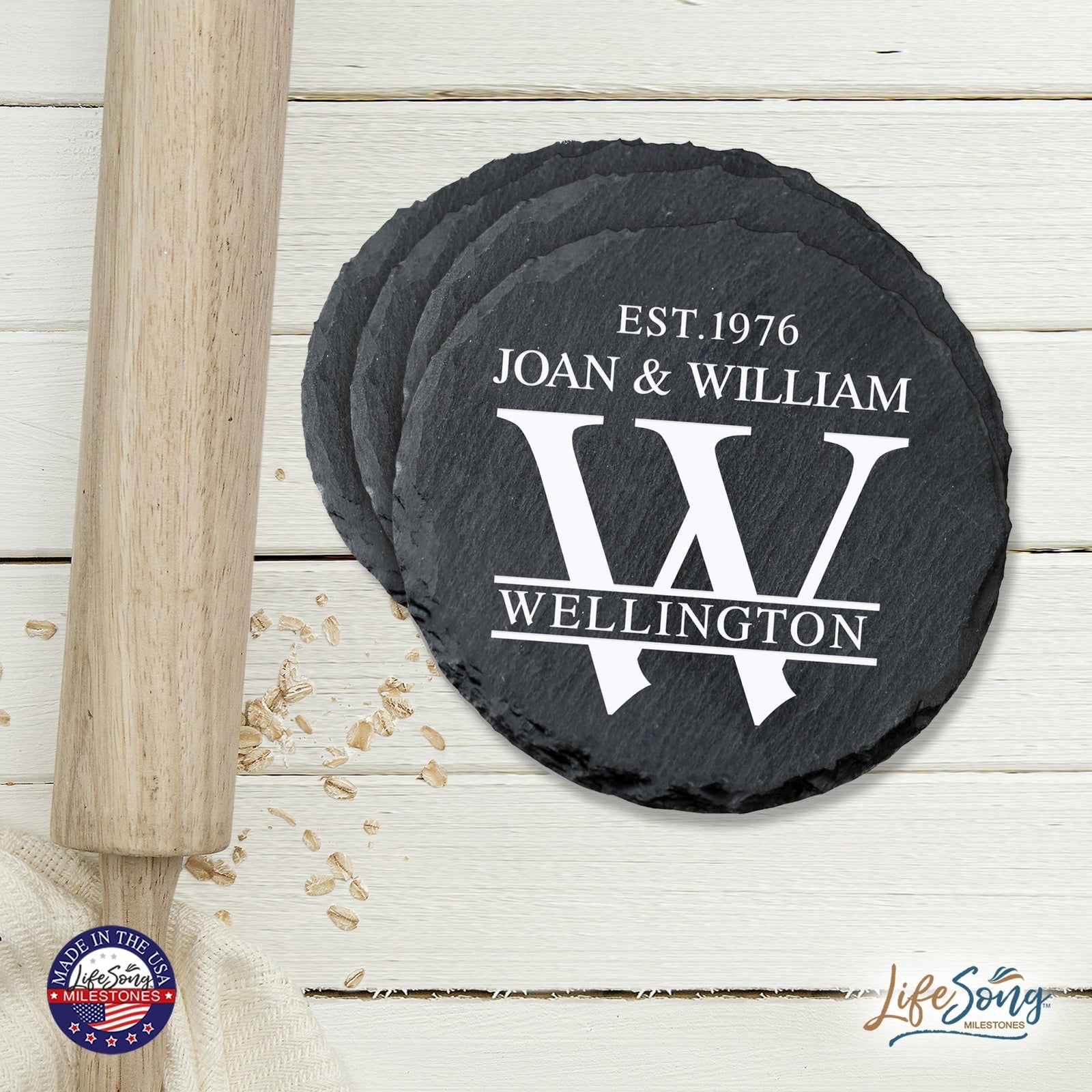 Custom 6pc Coaster Set Kitchen and Tabletop Decorations 4x4 Gift with First and Last Name, Year - LifeSong Milestones