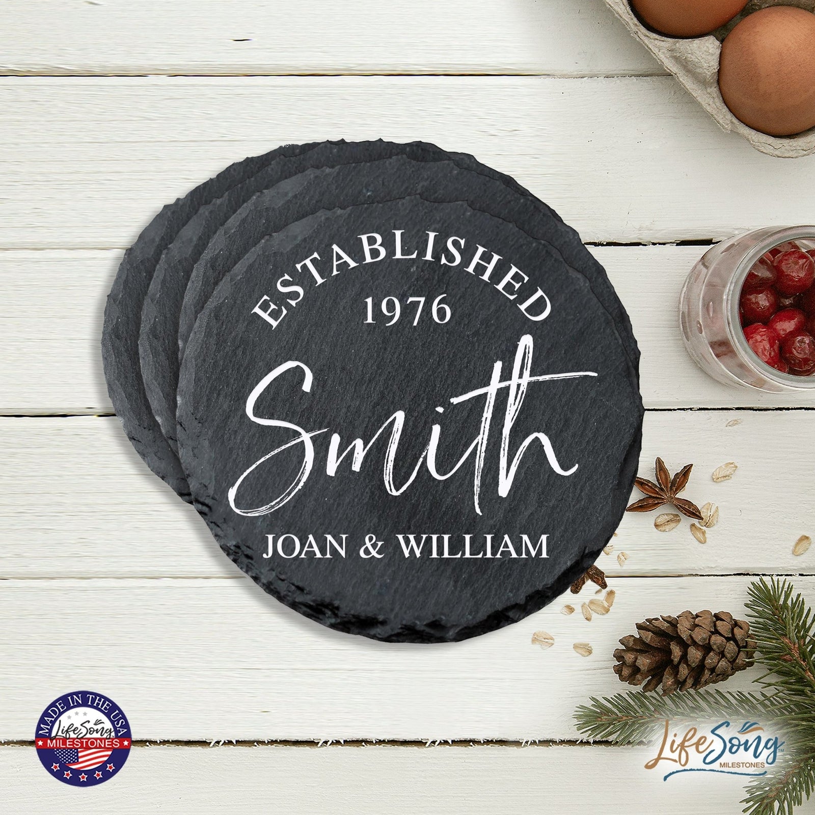 Custom 6pc Coaster Set Kitchen and Tabletop Decorations 4x4 Gift with First and Last Name, Year - LifeSong Milestones