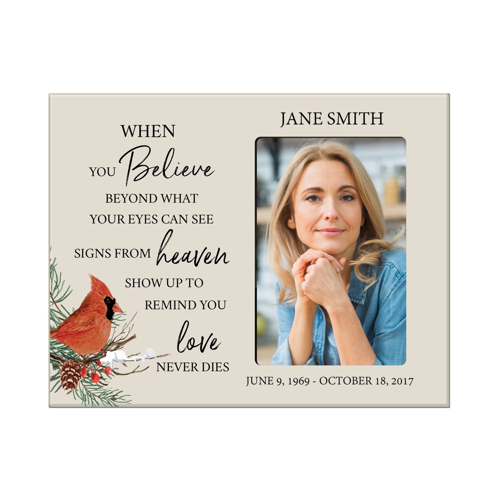 Custom Cardinal Wooden Memorial 8x10 Picture Frame holds 4x6 photo When You Believe - LifeSong Milestones