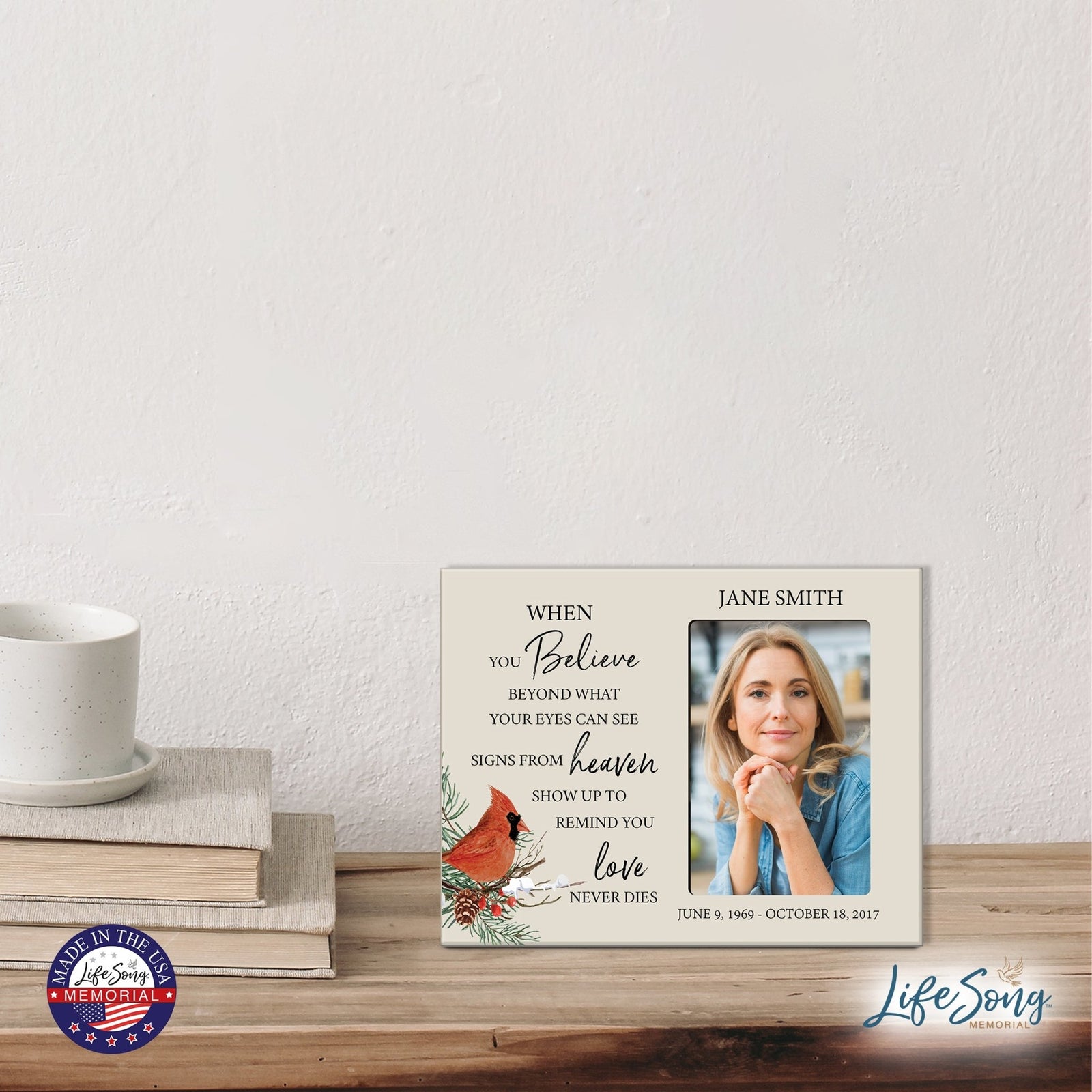 Custom Cardinal Wooden Memorial 8x10 Picture Frame holds 4x6 photo When You Believe - LifeSong Milestones