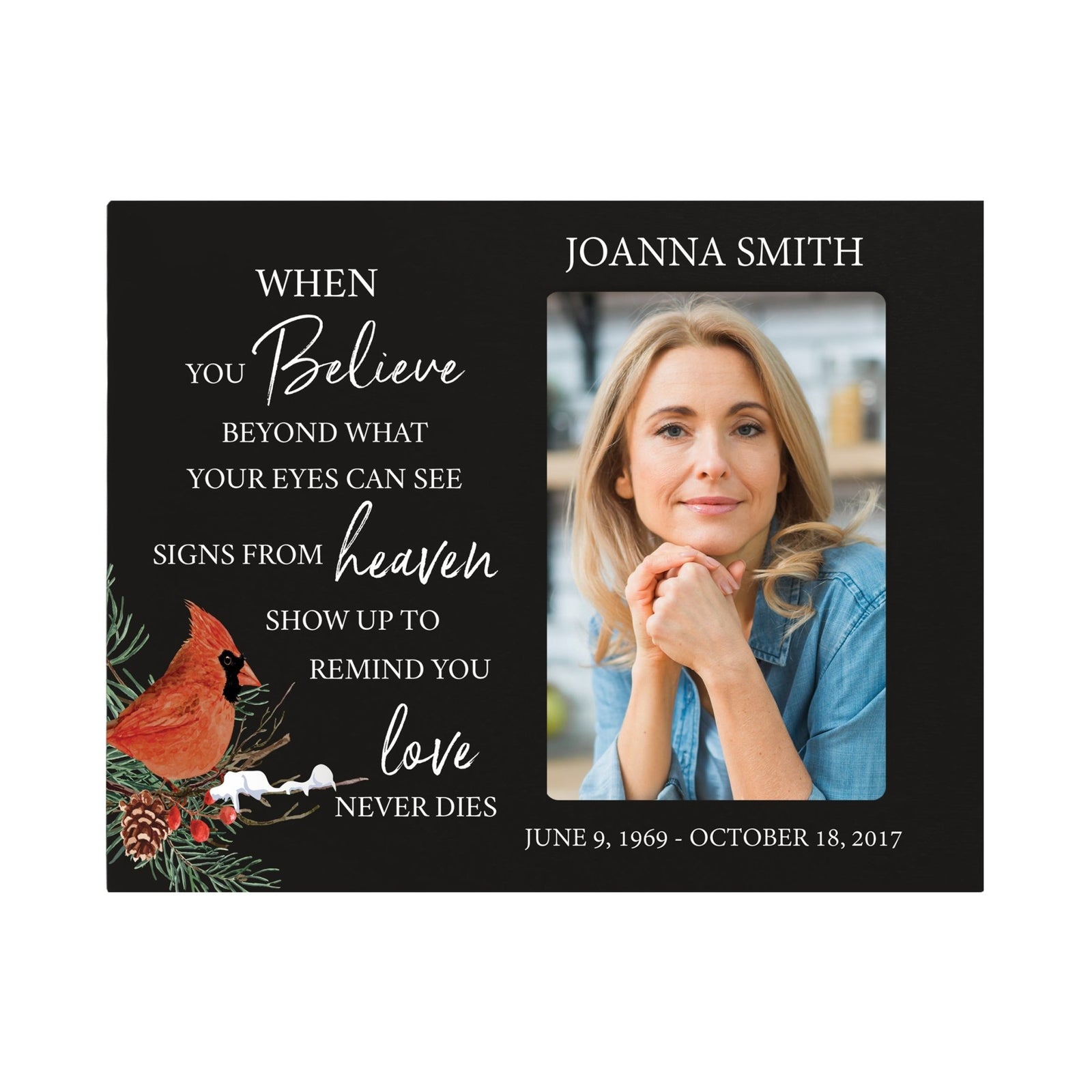 Custom Cardinal Wooden Memorial 8x10 Picture Frame holds 4x6 photo When You Believe - LifeSong Milestones