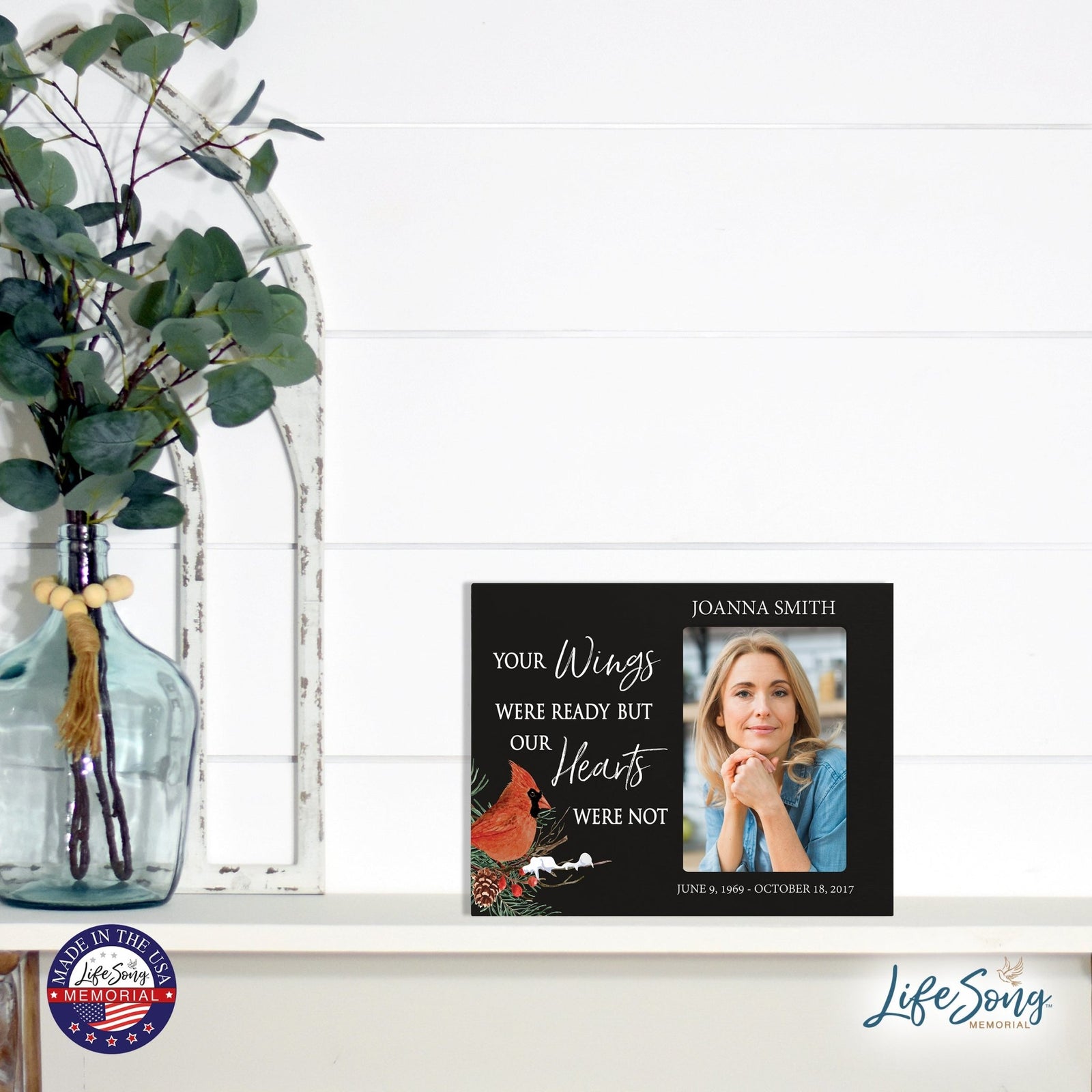 Custom Cardinal Wooden Memorial 8x10 Picture Frame holds 4x6 photo Your Wings Were - LifeSong Milestones