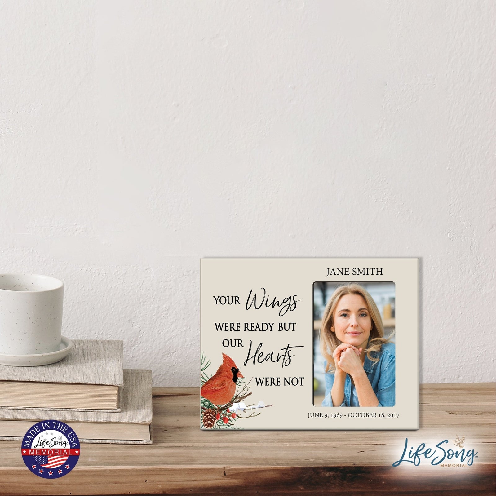 Custom Cardinal Wooden Memorial 8x10 Picture Frame holds 4x6 photo Your Wings Were - LifeSong Milestones