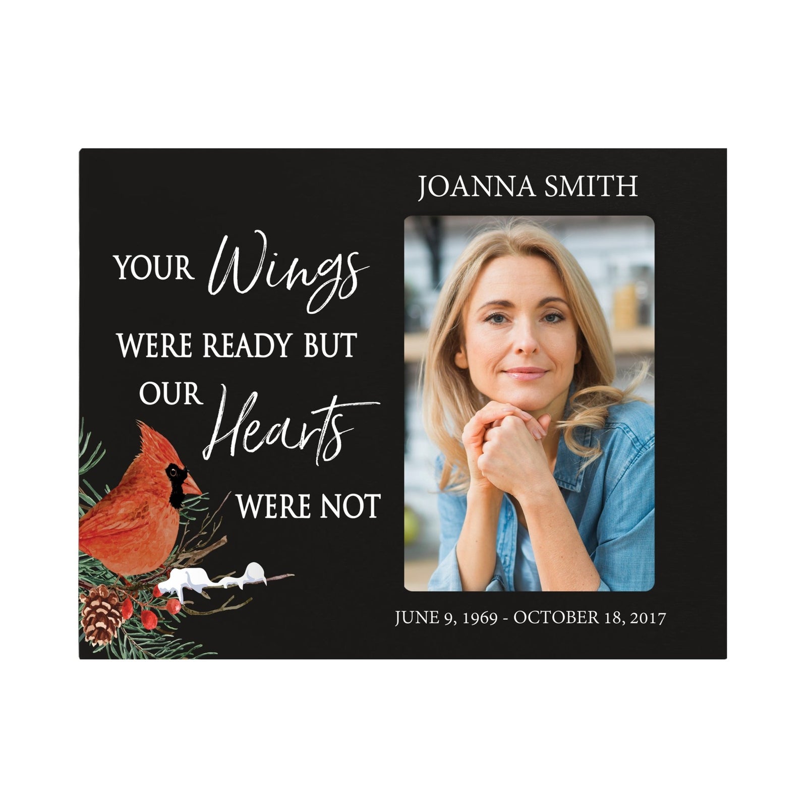 Custom Cardinal Wooden Memorial 8x10 Picture Frame holds 4x6 photo Your Wings Were - LifeSong Milestones