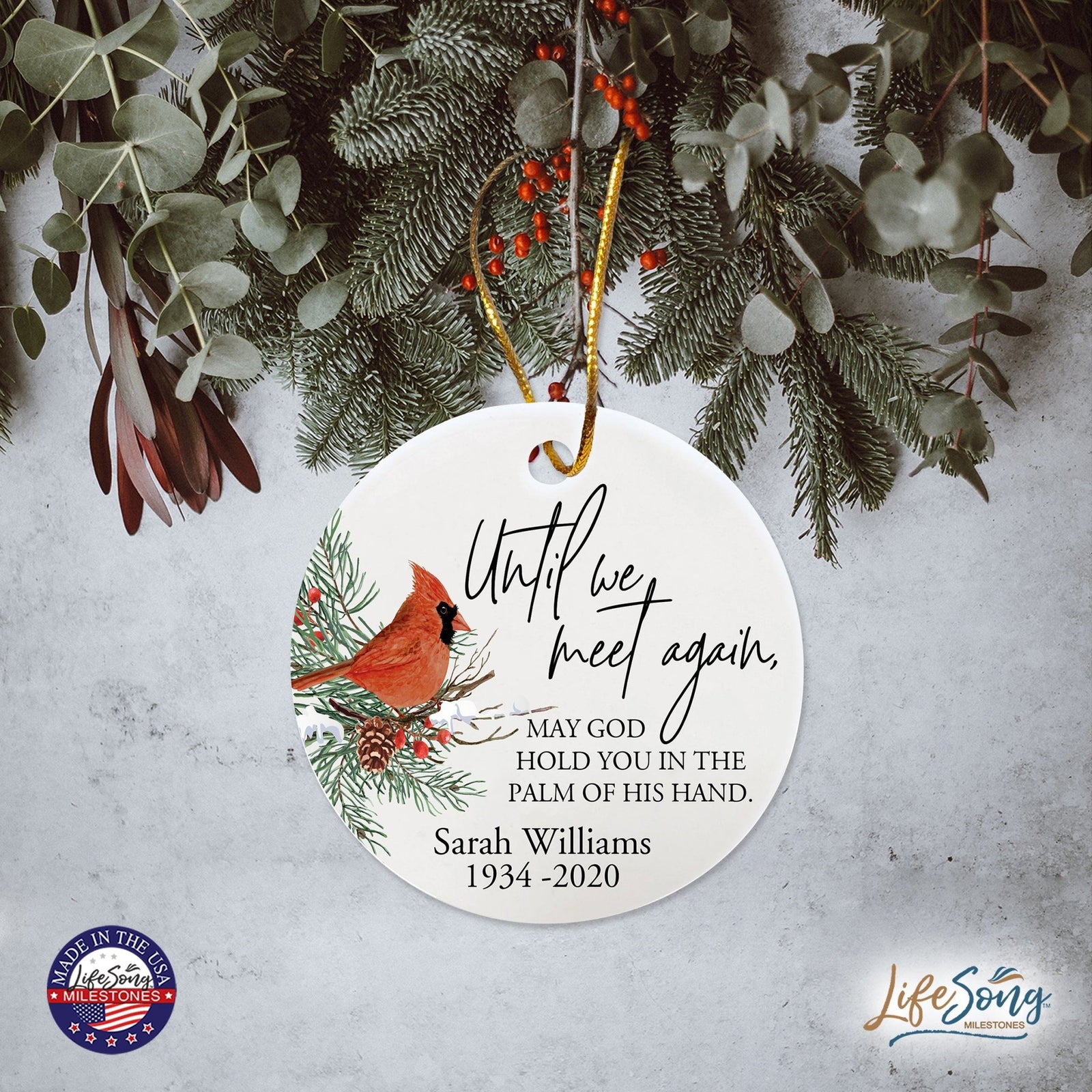 Custom Ceramic Christmas Memorial White Round Ornament 2.75in Until We Meet Again - LifeSong Milestones