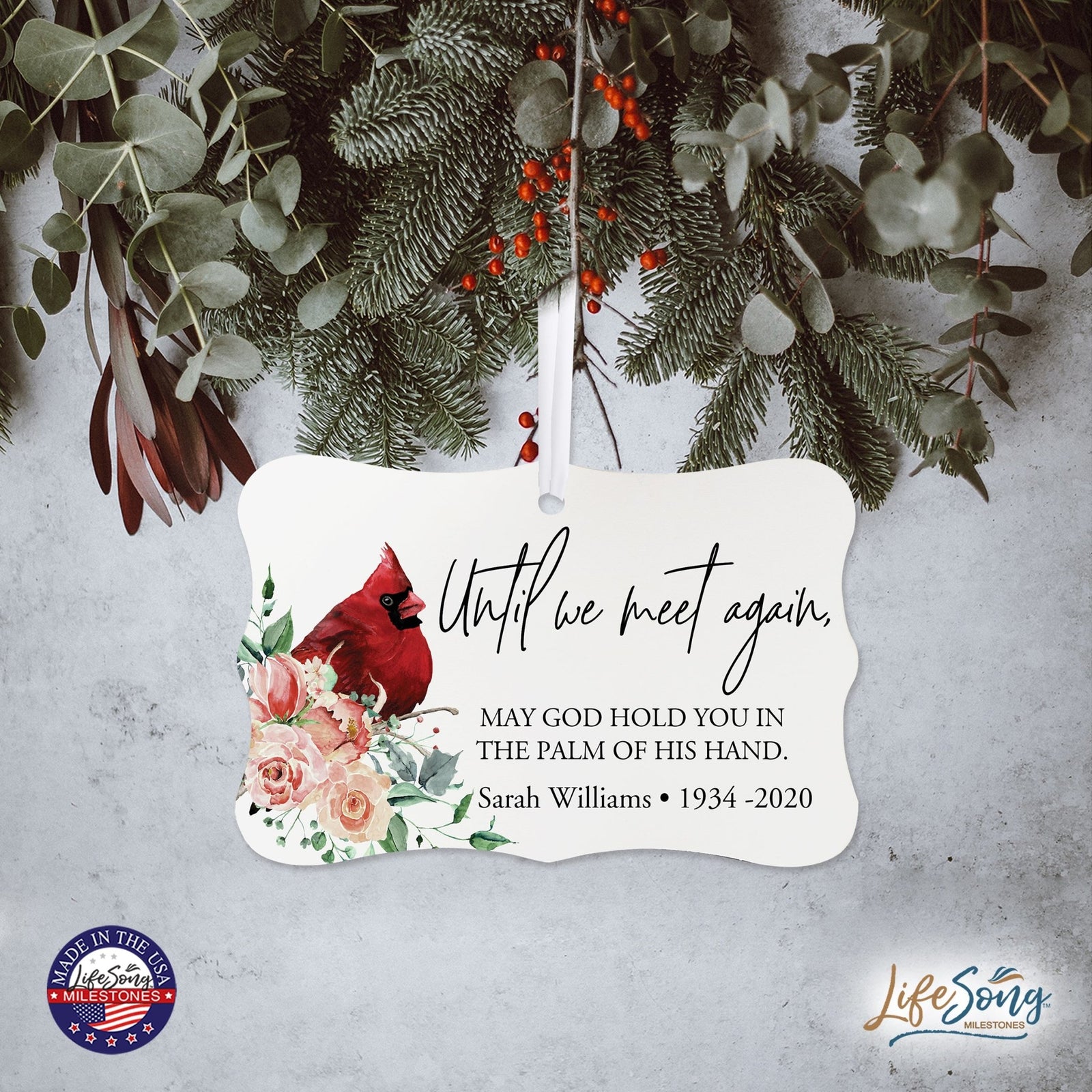 Custom Ceramic Everyday Memorial White Scalloped Ornament 2.5x4in Until We Meet Again - LifeSong Milestones