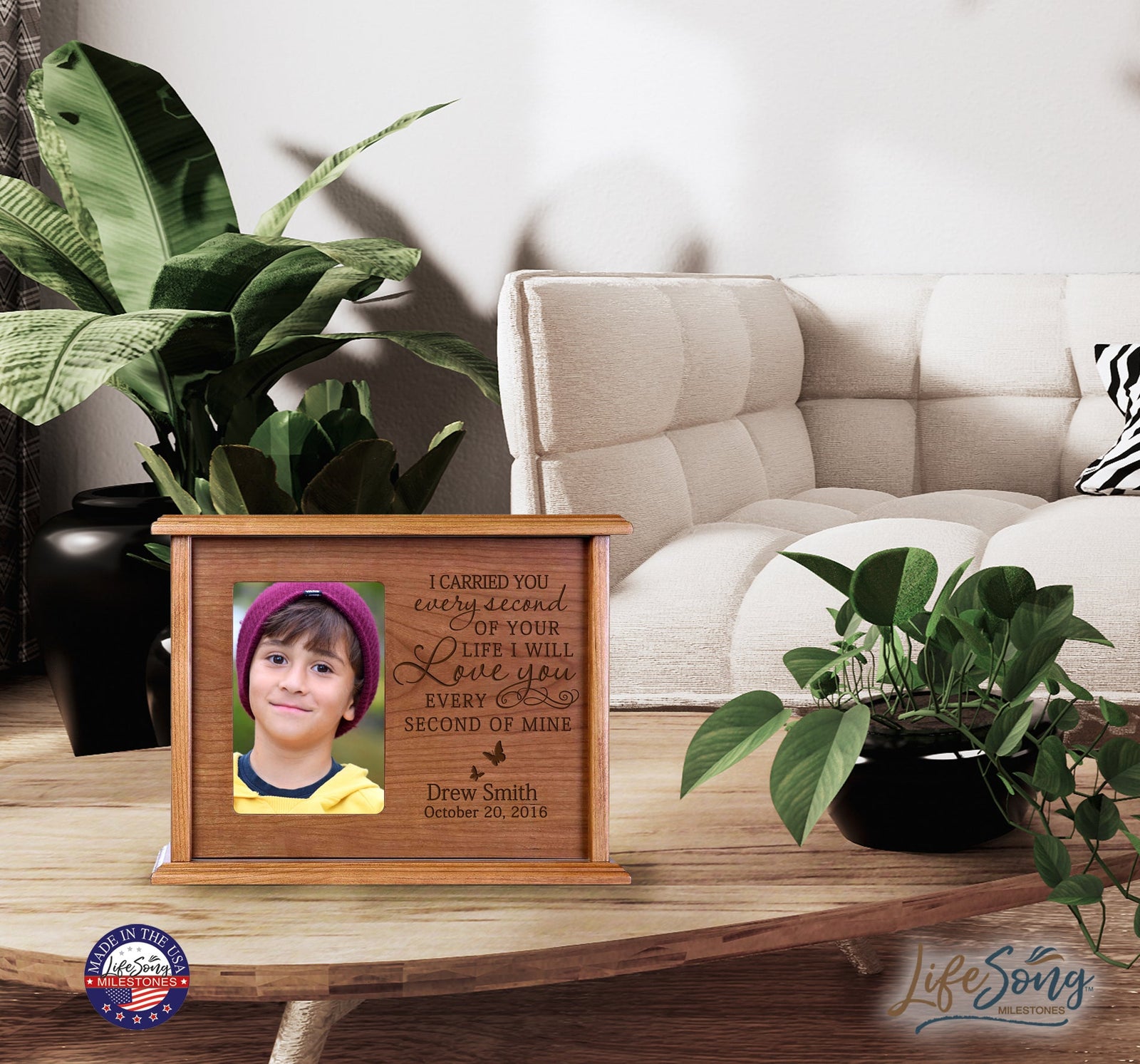 Custom Cremation Urn with Picture Frame holds 200 cu.in and 4x6 Photo I Carried You (butterfly) - LifeSong Milestones