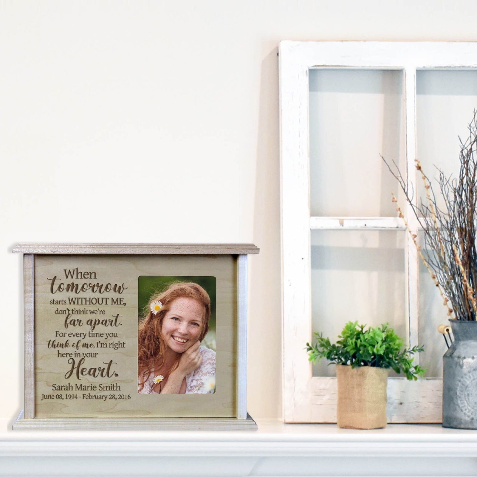 Decorative Photo Cremation Urn for Human Ashes placed on the table, cabinet or mantel