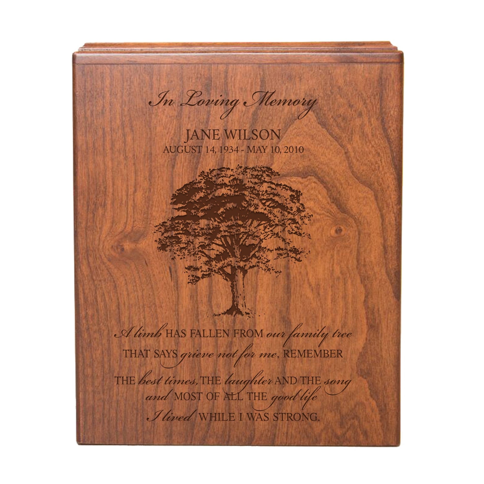 Custom Engraved A Limb Has Fallen Wooden Cremation Urn Box For Ashes Holds 280 Cu Inches - Family Tree Funeral Urn - Human Adult Urn For Male and Female Ashes LifeSong Milestones