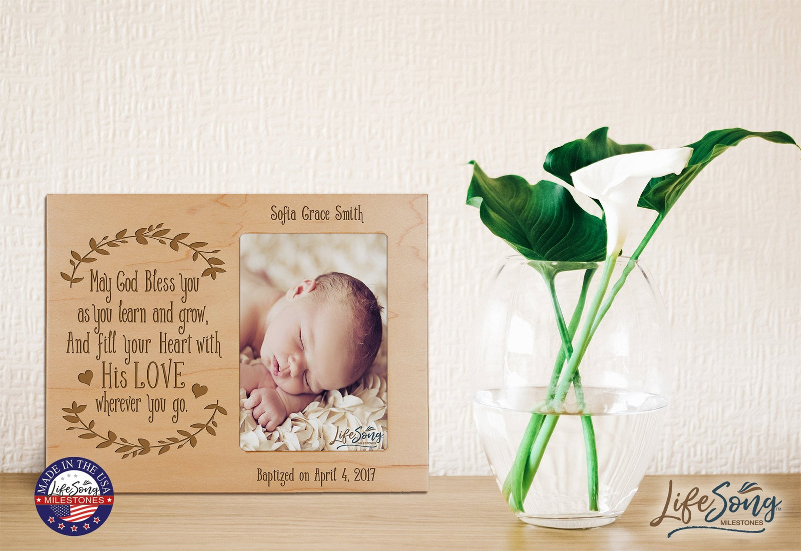 Custom Engraved Horizontal 8x10 Wooden Baptism Photo Frame May Bless You Holds 4x6 Photo - LifeSong Milestones