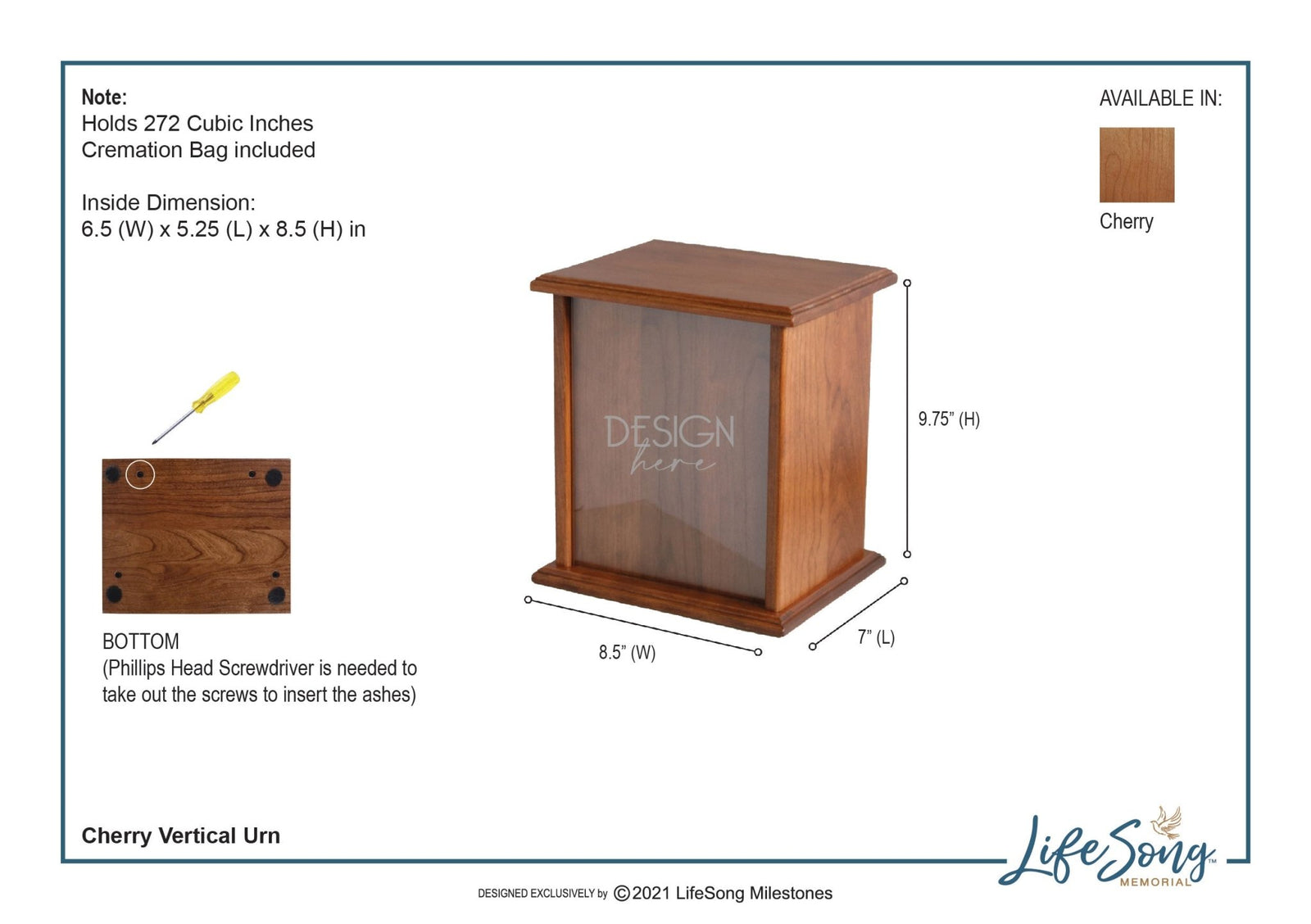 Custom Engraved Memorial Cherry Vertical Cremation Keepsake Urn Box Holds 272 Cu Inches Of Human Ashes In Loving Memory (Hand On Cross) - LifeSong Milestones