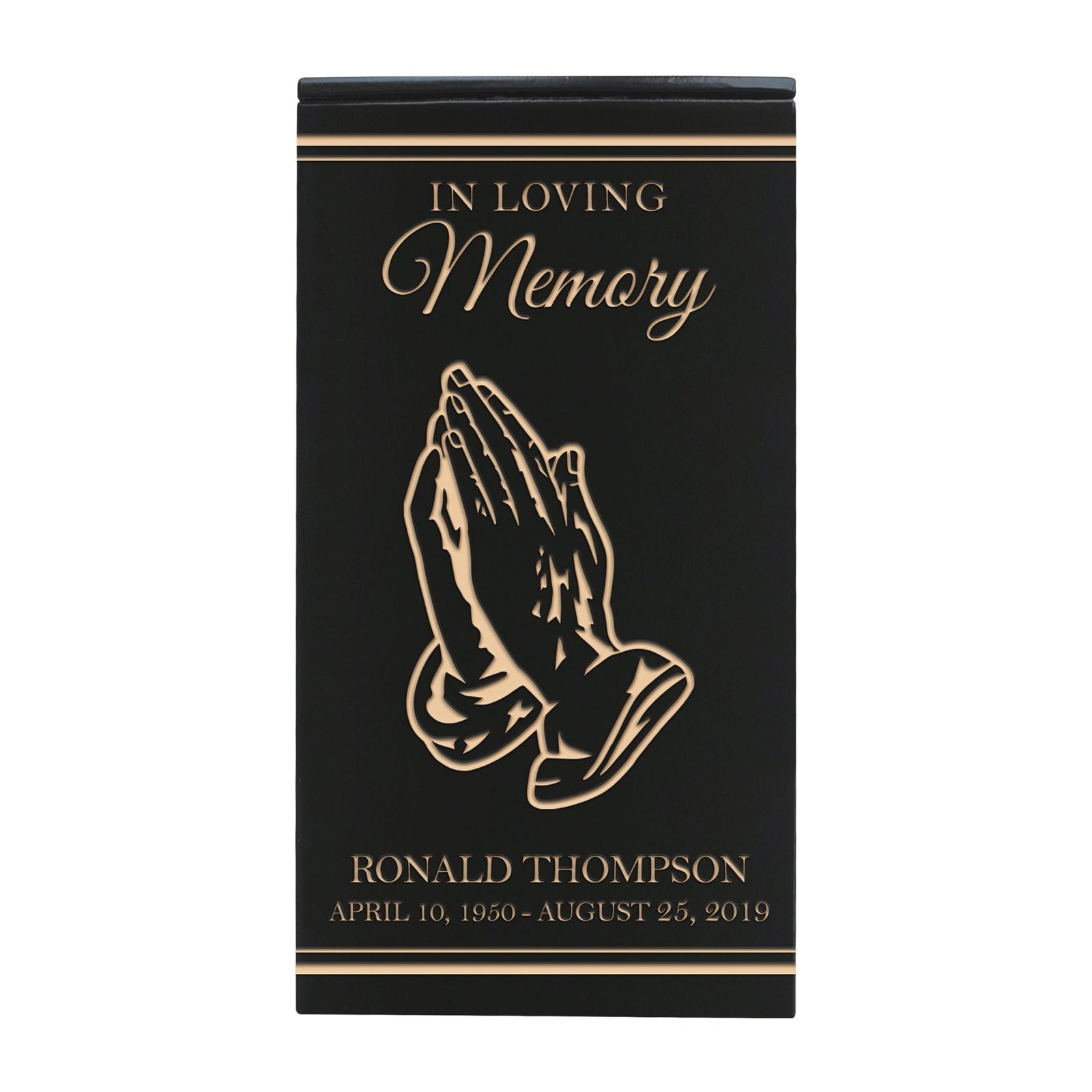 Elegant Wooden Cremation Urn with Engraved Prayer Hand