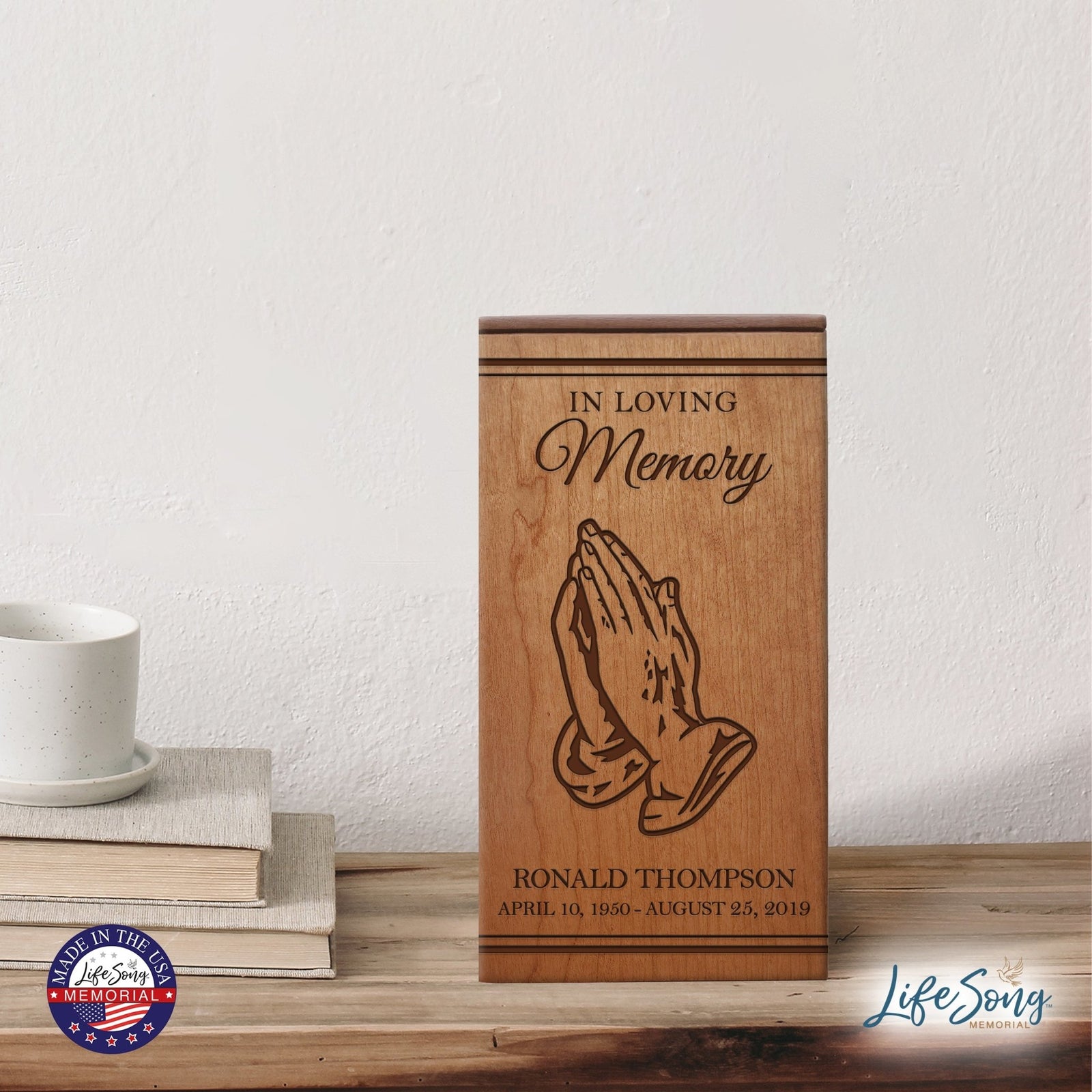 Timeless Wooden Urn with Beautifully Engraved Prayer Hand