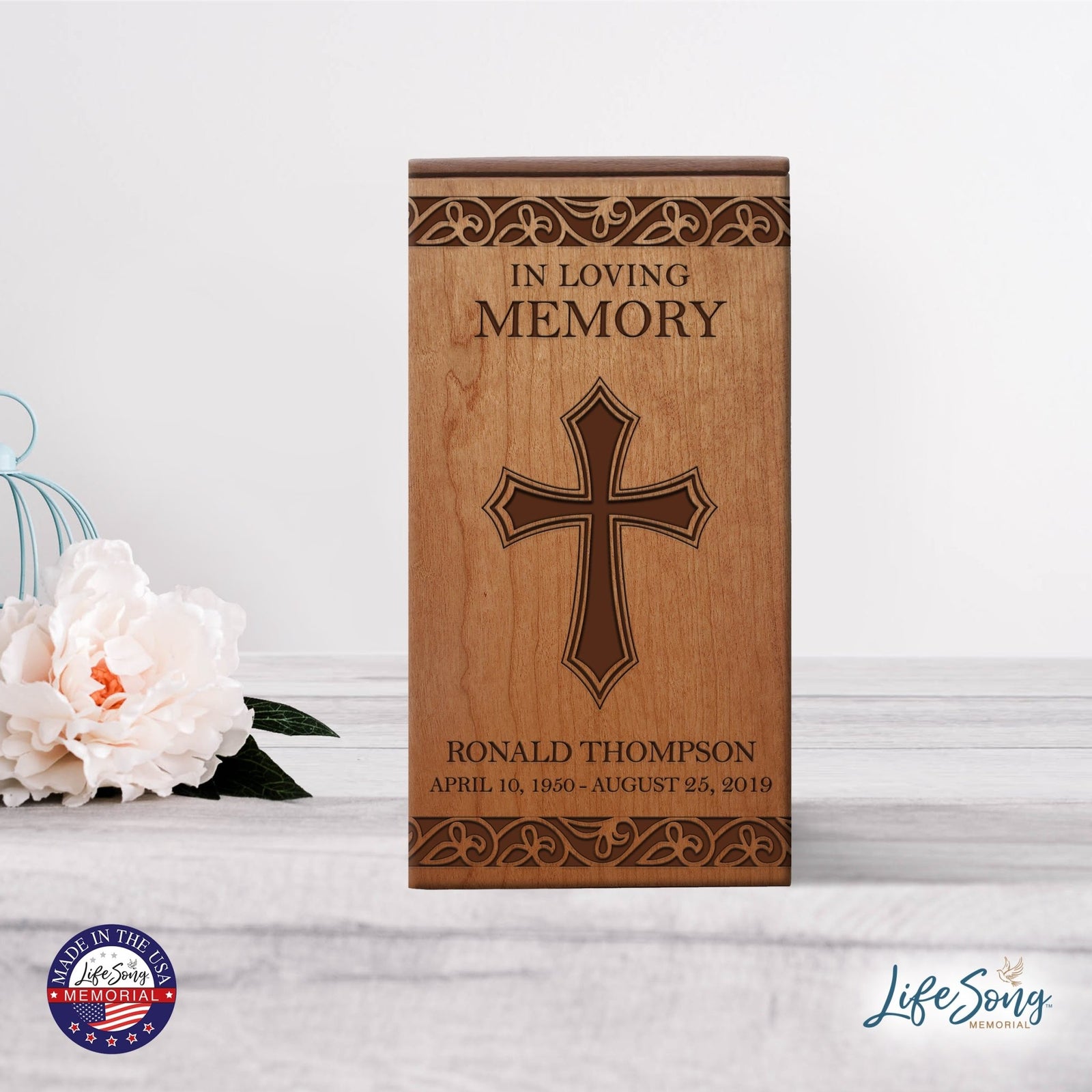 Timeless Wooden Urn with Beautifully Engraved Cross