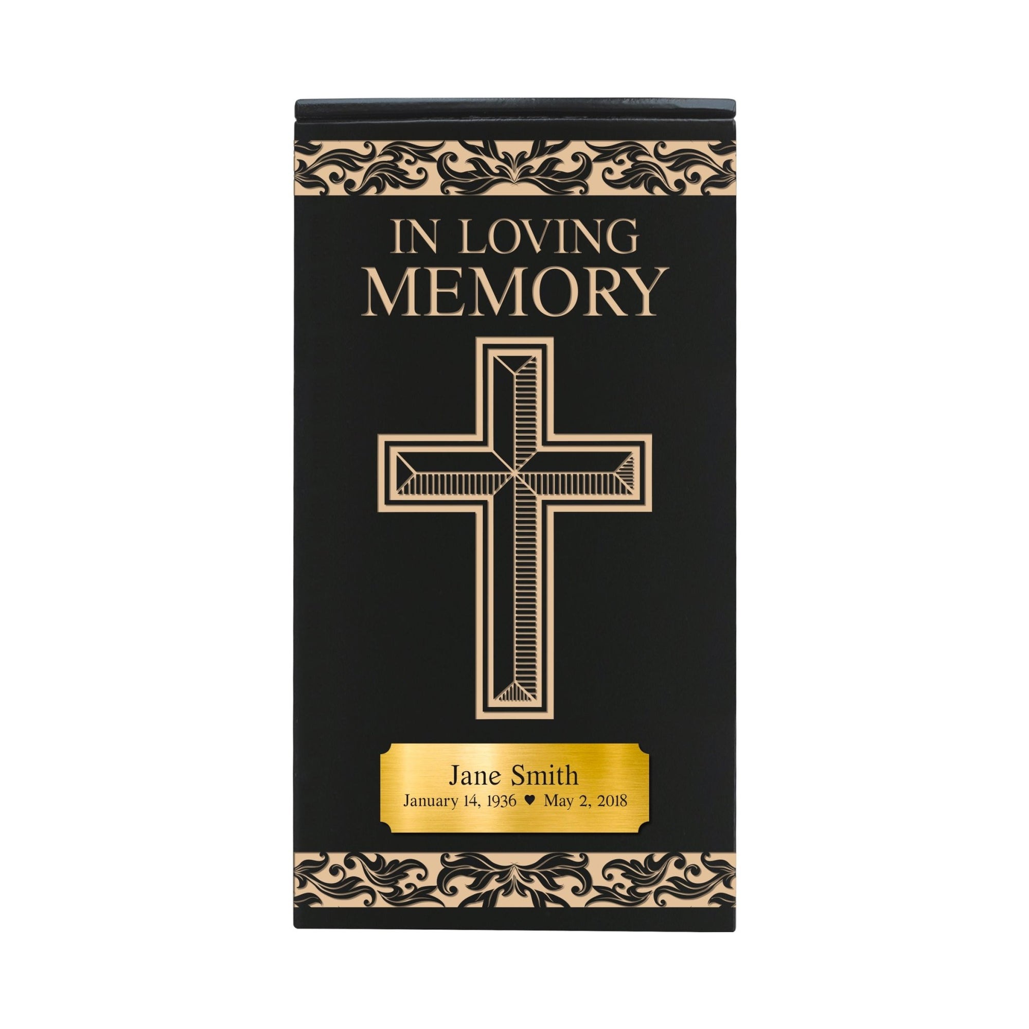 Custom Engraved Memorial Cremation Keepsake Urn Box Holds 100 Cu Inches Of Human Ashes With Gold Name Plate In Loving Memory Cross - LifeSong Milestones