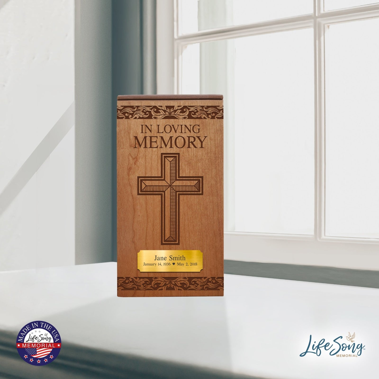Custom Engraved Wooden Cremation Urn for Adult Ashes with Engraved Cross
