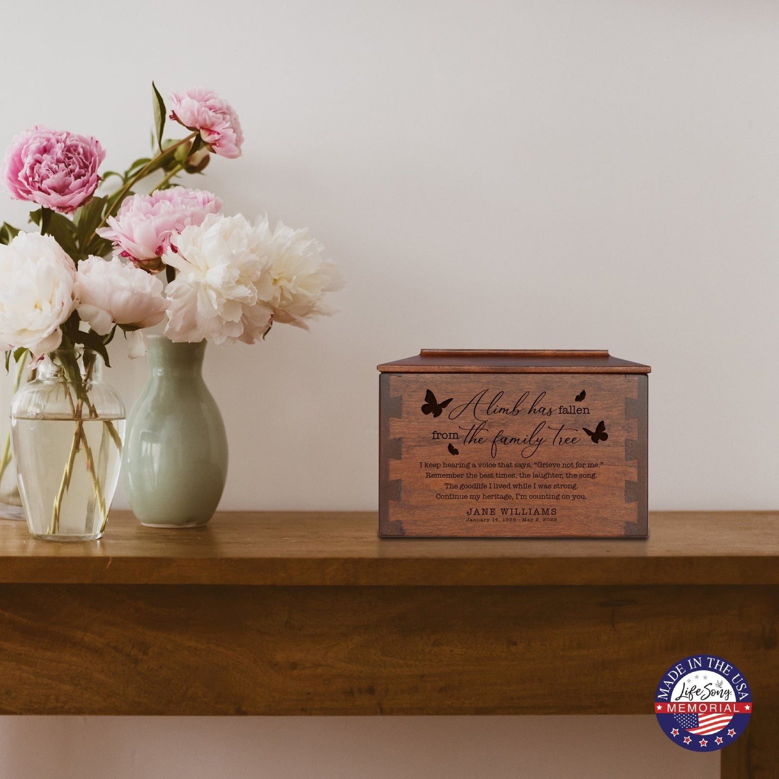Custom-Engraved Memorial Cremation Small Dovetail Urn For Human Ashes - A Limb Has fallen - LifeSong Milestones