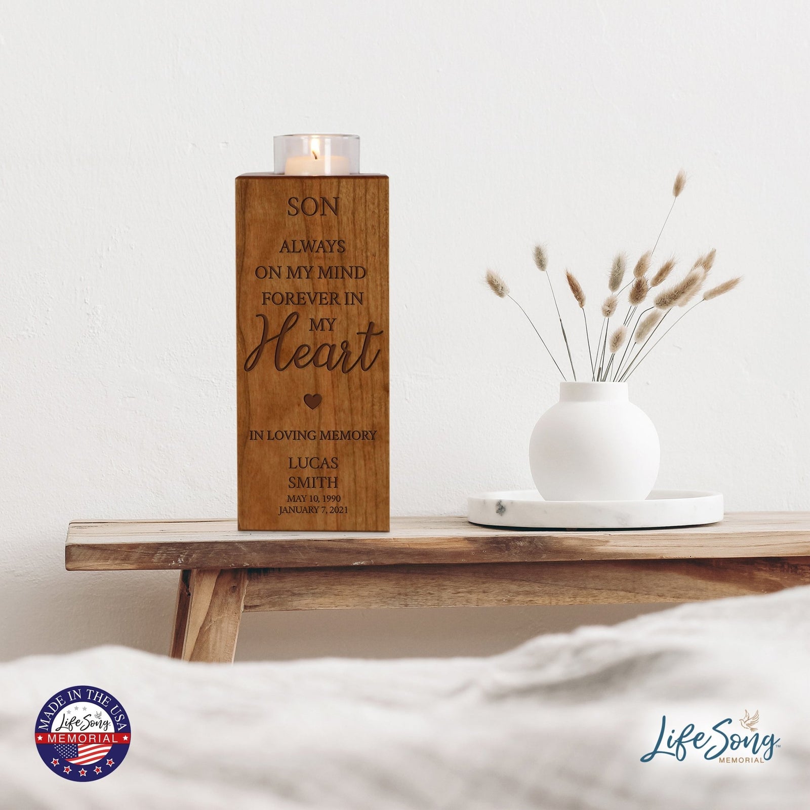 Custom Engraved Memorial Cremation Urn Box and Single Votive Candle Holder