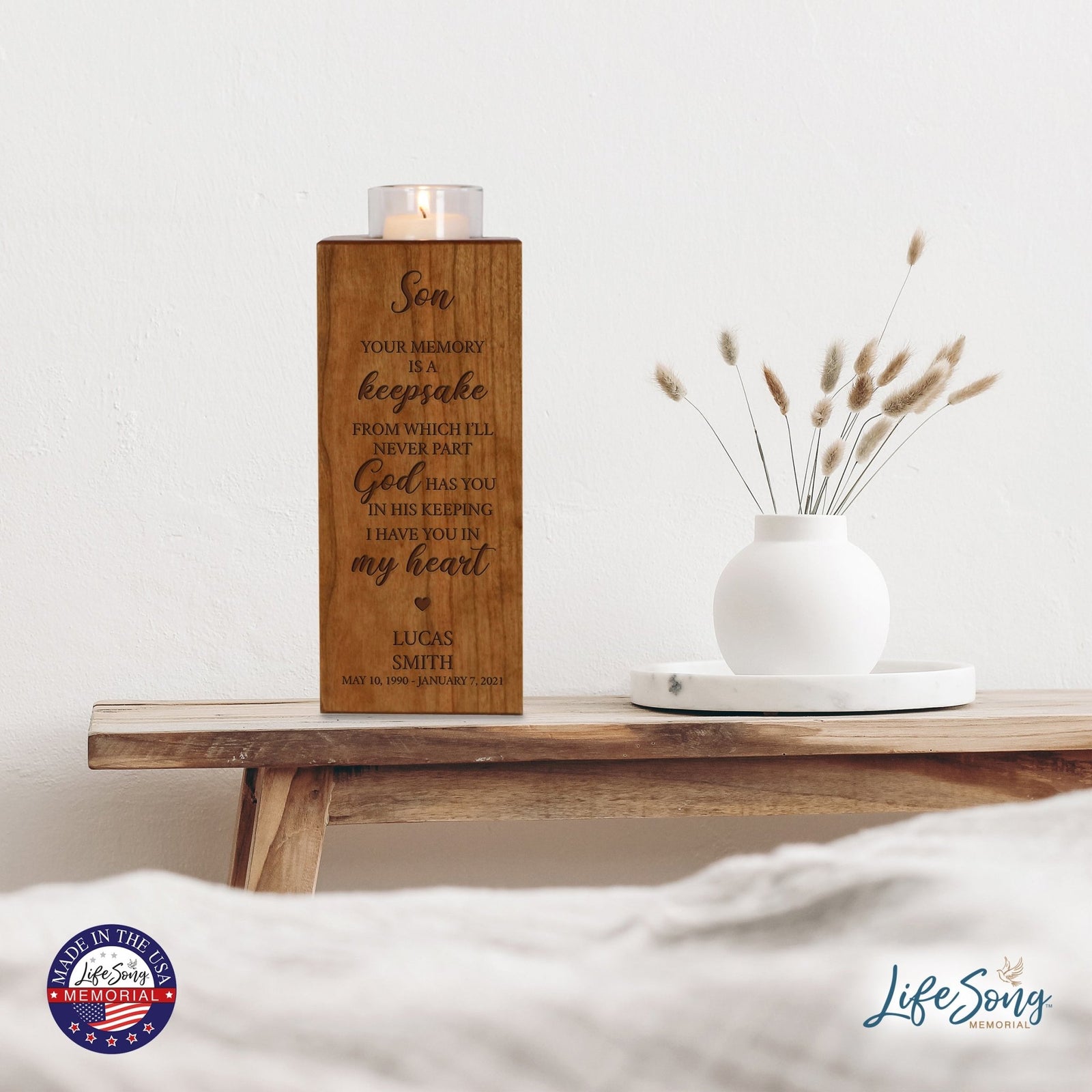 Custom Engraved Memorial Cremation Urn Box and Single Votive Candle Holder holds 70 cu in of ashes - Your Memory Is A Keepsake - LifeSong Milestones