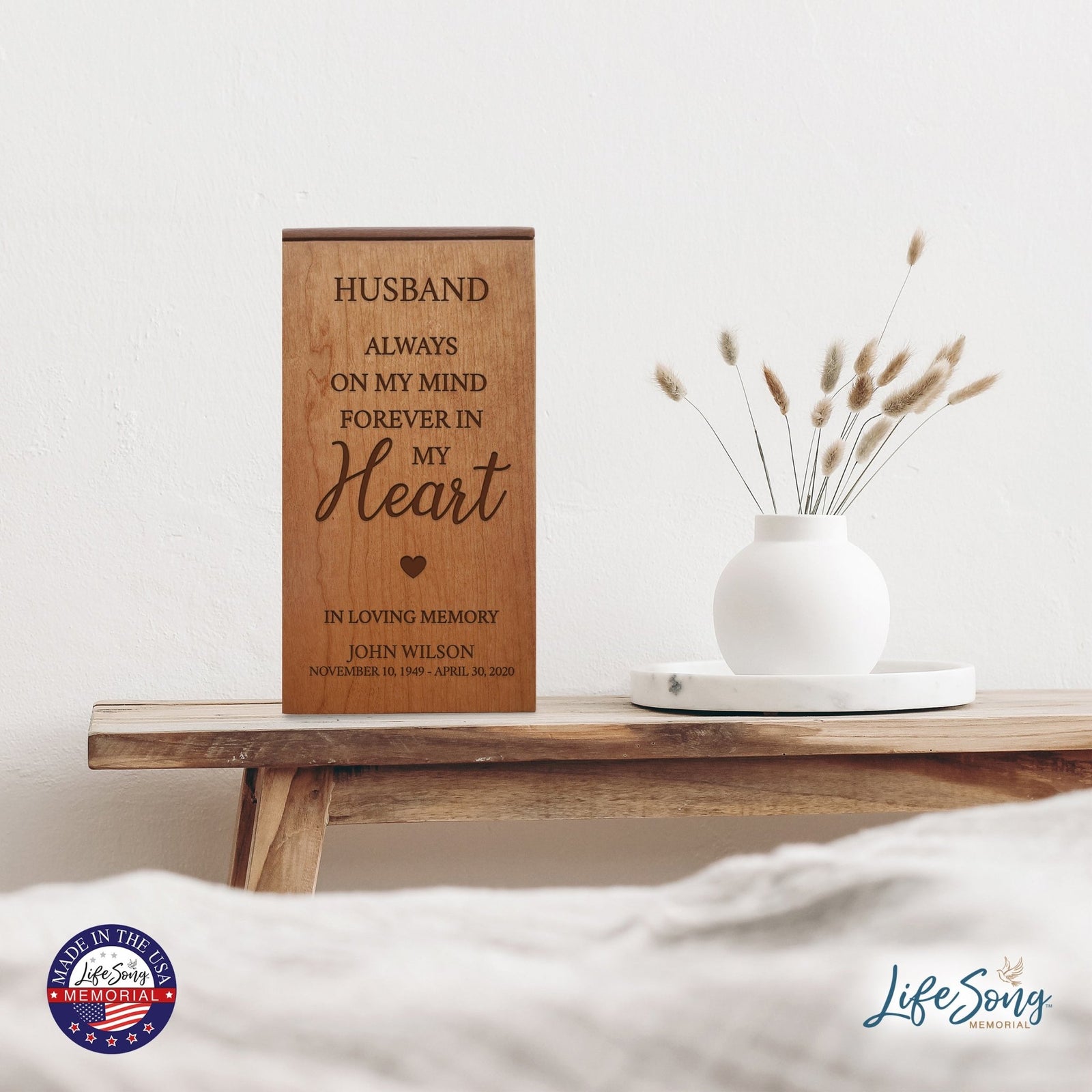 Elegant Engraved Wooden Keepsake Urn Box for Husband