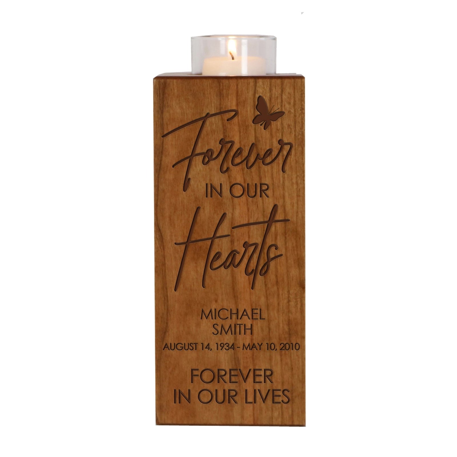 Custom Engraved Memorial Square Vertical Single Votive Candle Holder and Urn holds 70 cu in of ashes in English Verse (Butterfly) - LifeSong Milestones