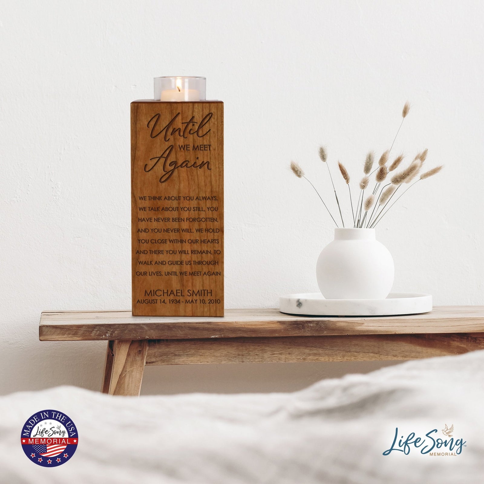 Custom Engraved Memorial Square Vertical Single Votive Candle Holder and Urn holds 70 cu in of ashes in English Verse (Butterfly) - LifeSong Milestones